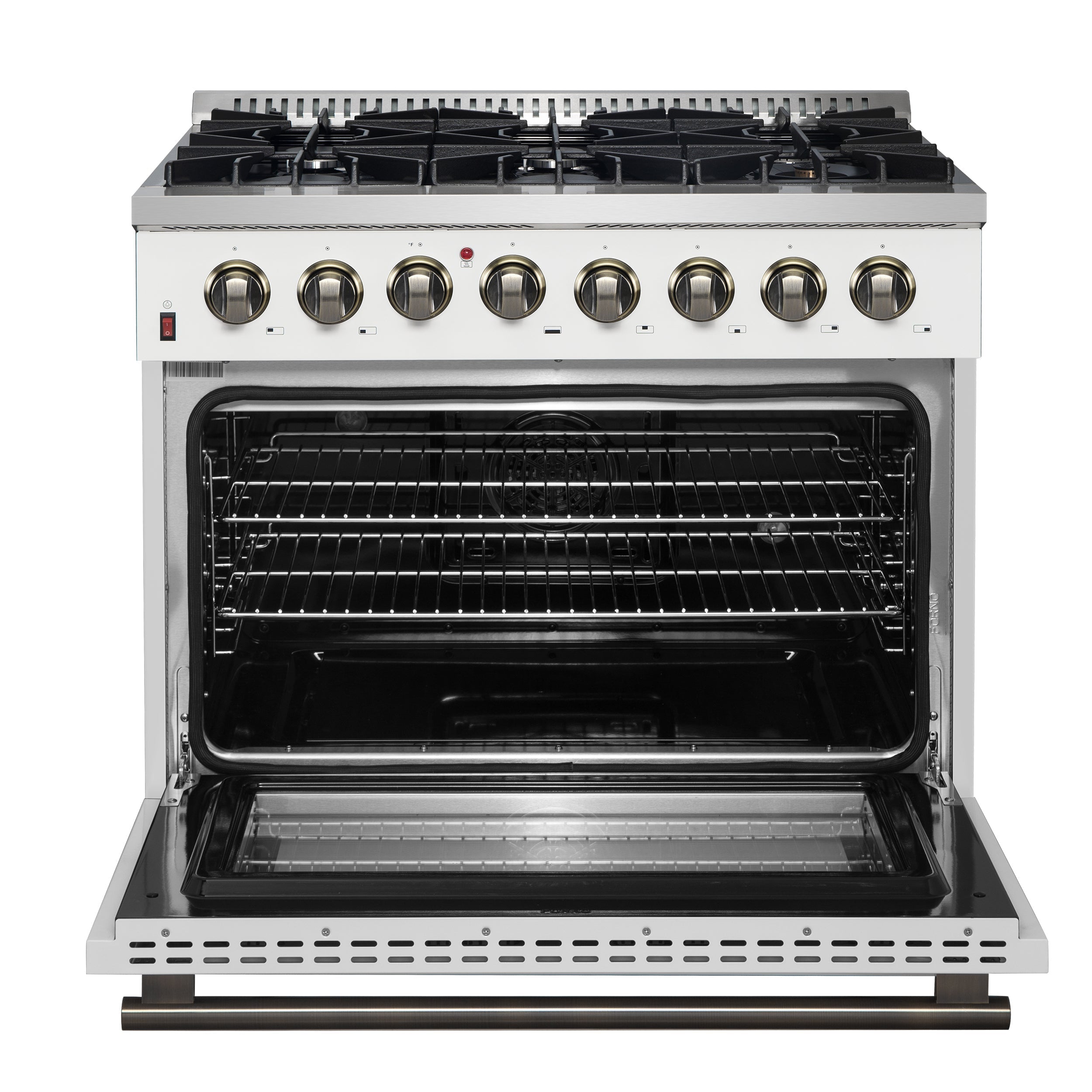 Forno Galiano 36-Inch Dual Fuel Range, 6 Sealed Brass Burners, 5.36 cu. ft. Convection Oven, White Stainless Steel with Antique Brass Accents, Model FFSGS6156-36WHT