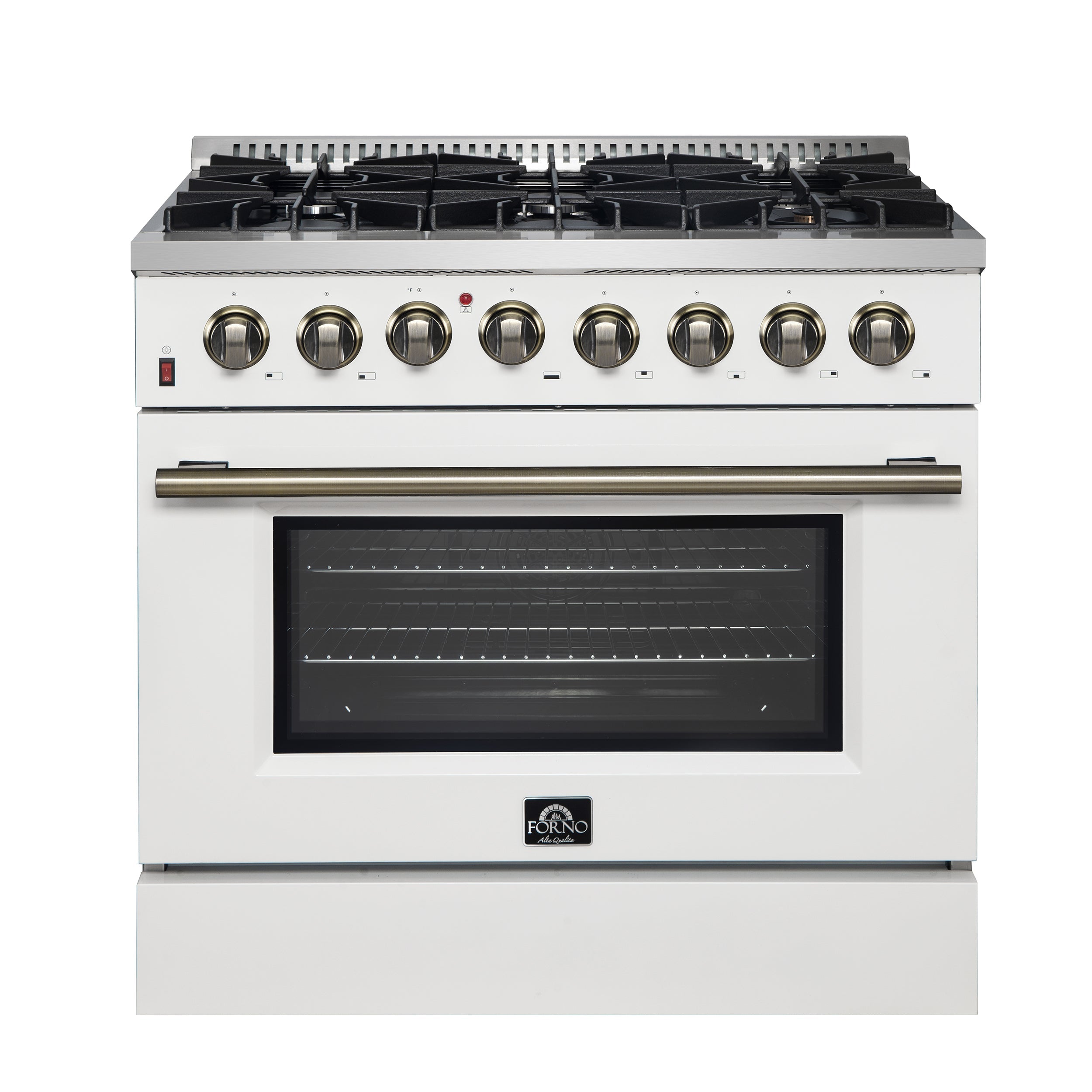 Forno Galiano 36-Inch Dual Fuel Range, 6 Sealed Brass Burners, 5.36 cu. ft. Convection Oven, White Stainless Steel with Antique Brass Accents, Model FFSGS6156-36WHT