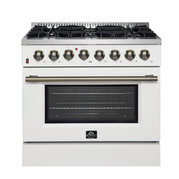 Forno Galiano 36-Inch Dual Fuel Range, 6 Sealed Brass Burners, 5.36 cu. ft. Convection Oven, White Stainless Steel with Antique Brass Accents, Model FFSGS6156-36WHT