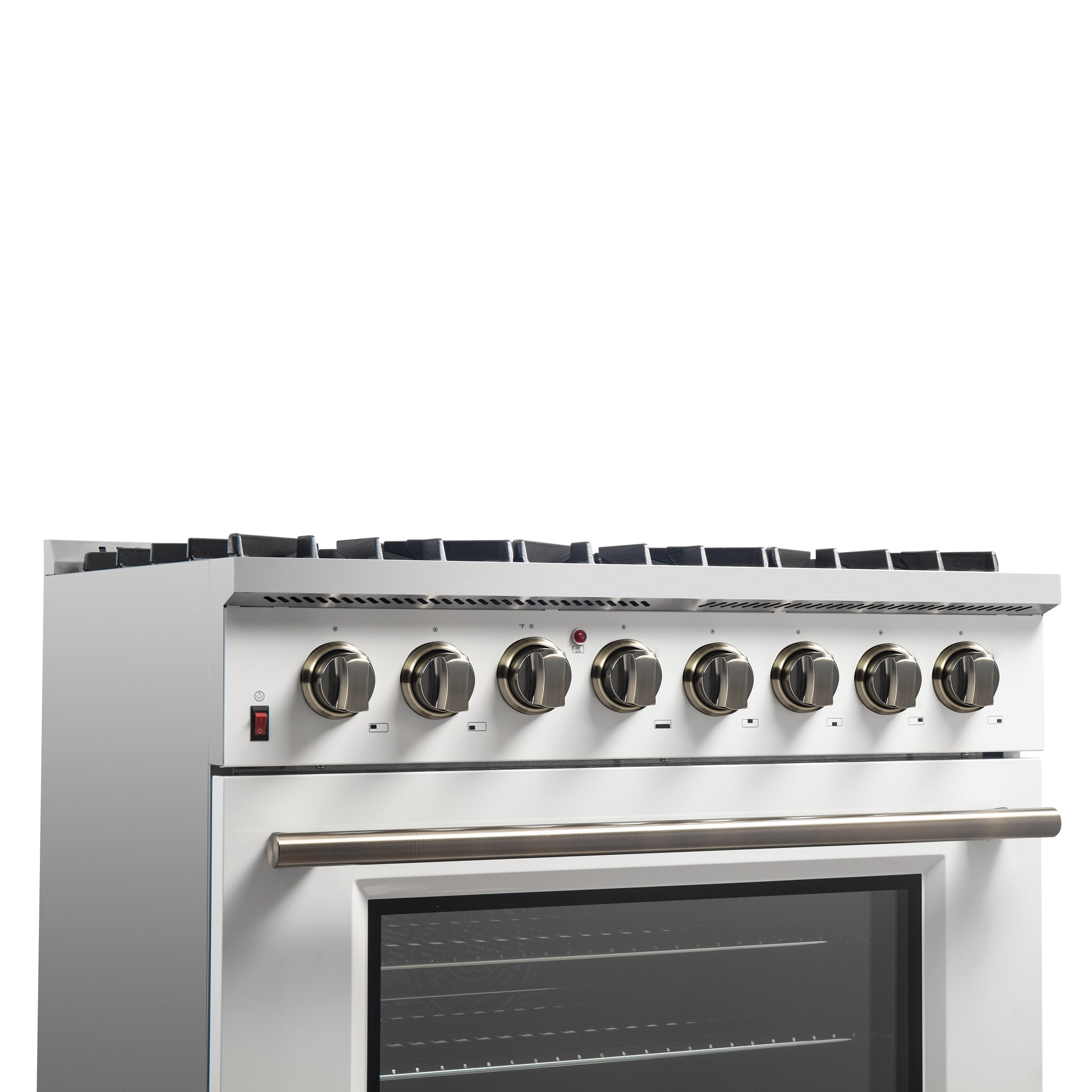 Forno Galiano 36-Inch Dual Fuel Range, 6 Sealed Brass Burners, 5.36 cu. ft. Convection Oven, White Stainless Steel with Antique Brass Accents, Model FFSGS6156-36WHT