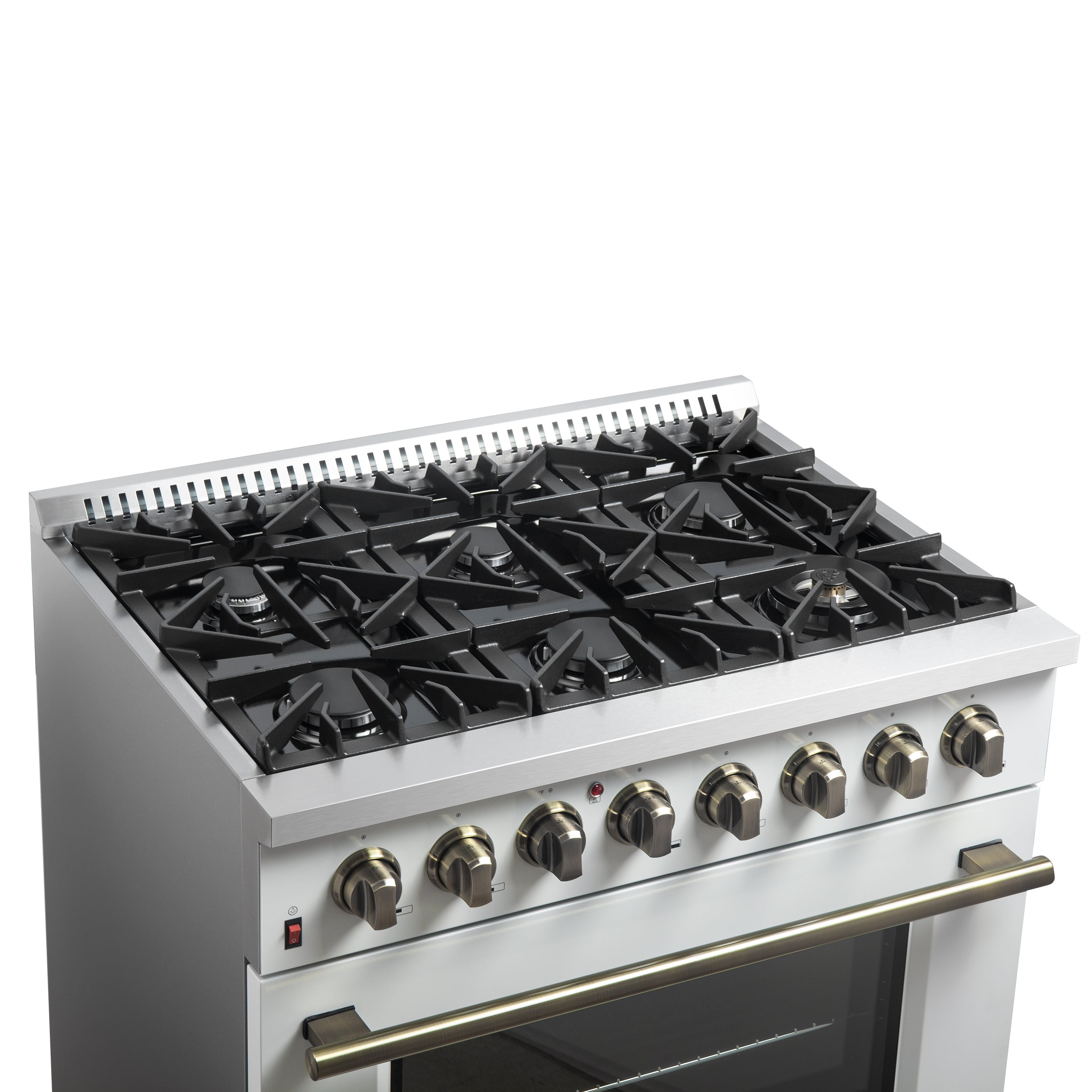 Forno Galiano 36-Inch Dual Fuel Range, 6 Sealed Brass Burners, 5.36 cu. ft. Convection Oven, White Stainless Steel with Antique Brass Accents, Model FFSGS6156-36WHT