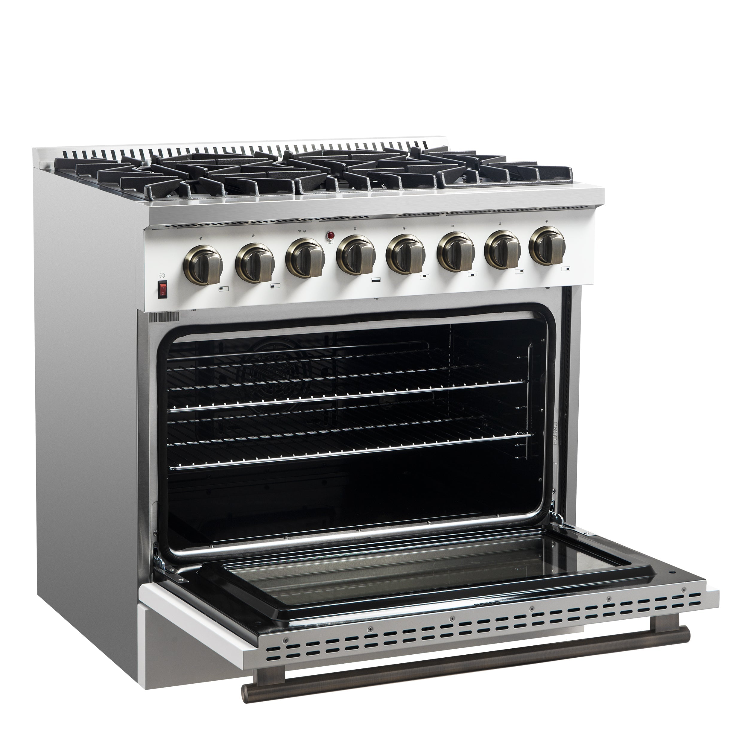 Forno Galiano 36-Inch Dual Fuel Range, 6 Sealed Brass Burners, 5.36 cu. ft. Convection Oven, White Stainless Steel with Antique Brass Accents, Model FFSGS6156-36WHT