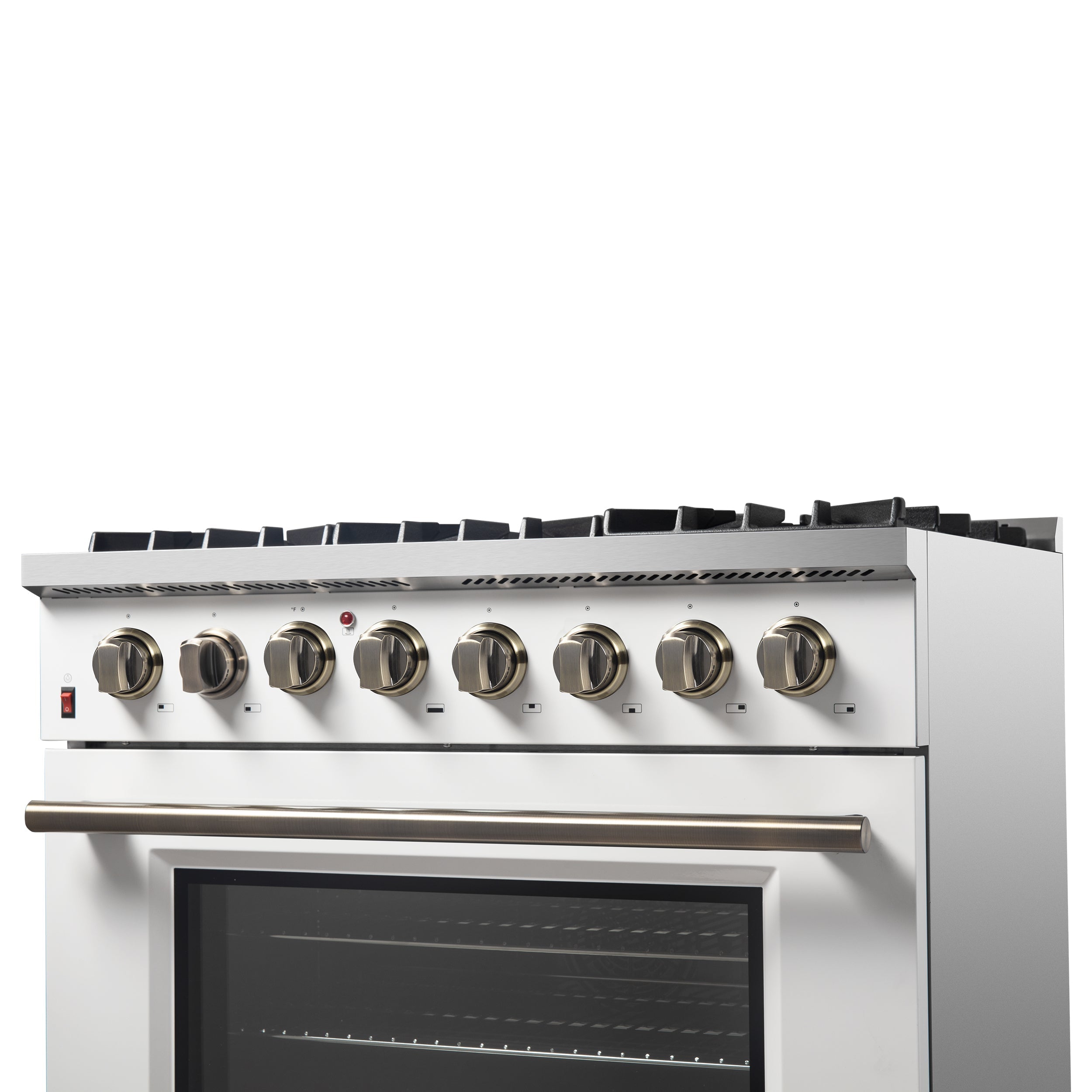 Forno Galiano 36-Inch Dual Fuel Range, 6 Sealed Brass Burners, 5.36 cu. ft. Convection Oven, White Stainless Steel with Antique Brass Accents, Model FFSGS6156-36WHT