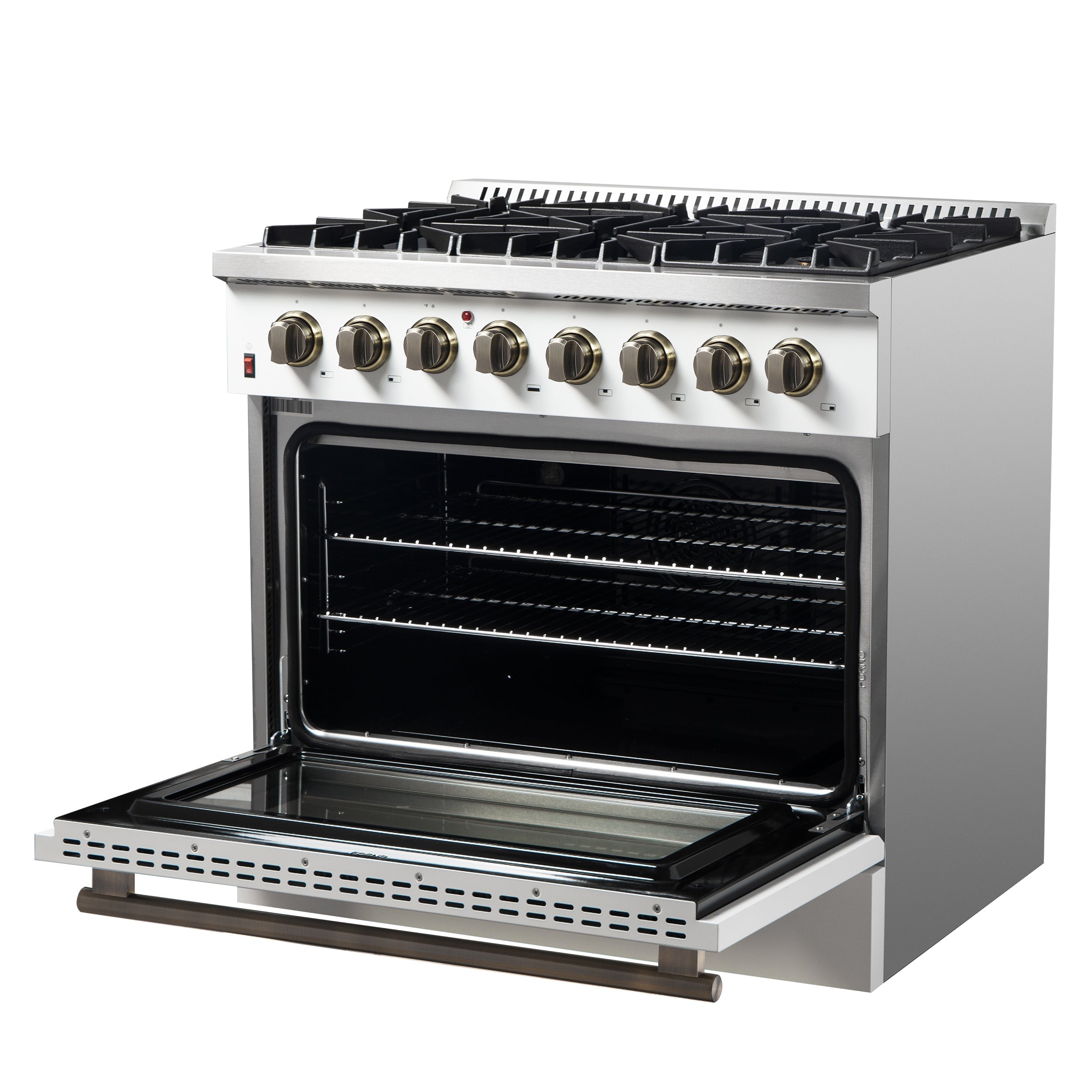 Forno Galiano 36-Inch Dual Fuel Range, 6 Sealed Brass Burners, 5.36 cu. ft. Convection Oven, White Stainless Steel with Antique Brass Accents, Model FFSGS6156-36WHT