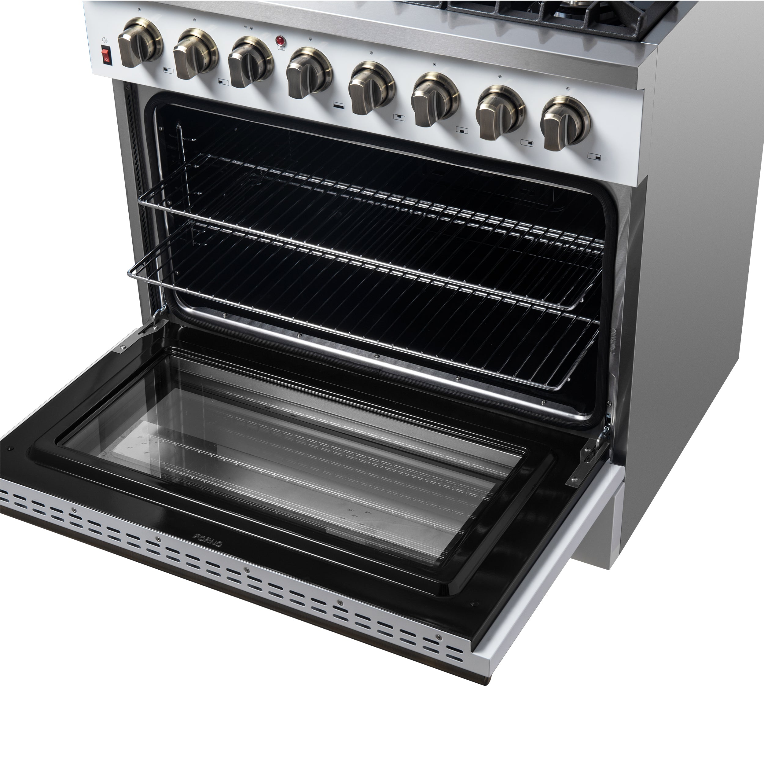 Forno Galiano 36-Inch Dual Fuel Range, 6 Sealed Brass Burners, 5.36 cu. ft. Convection Oven, White Stainless Steel with Antique Brass Accents, Model FFSGS6156-36WHT