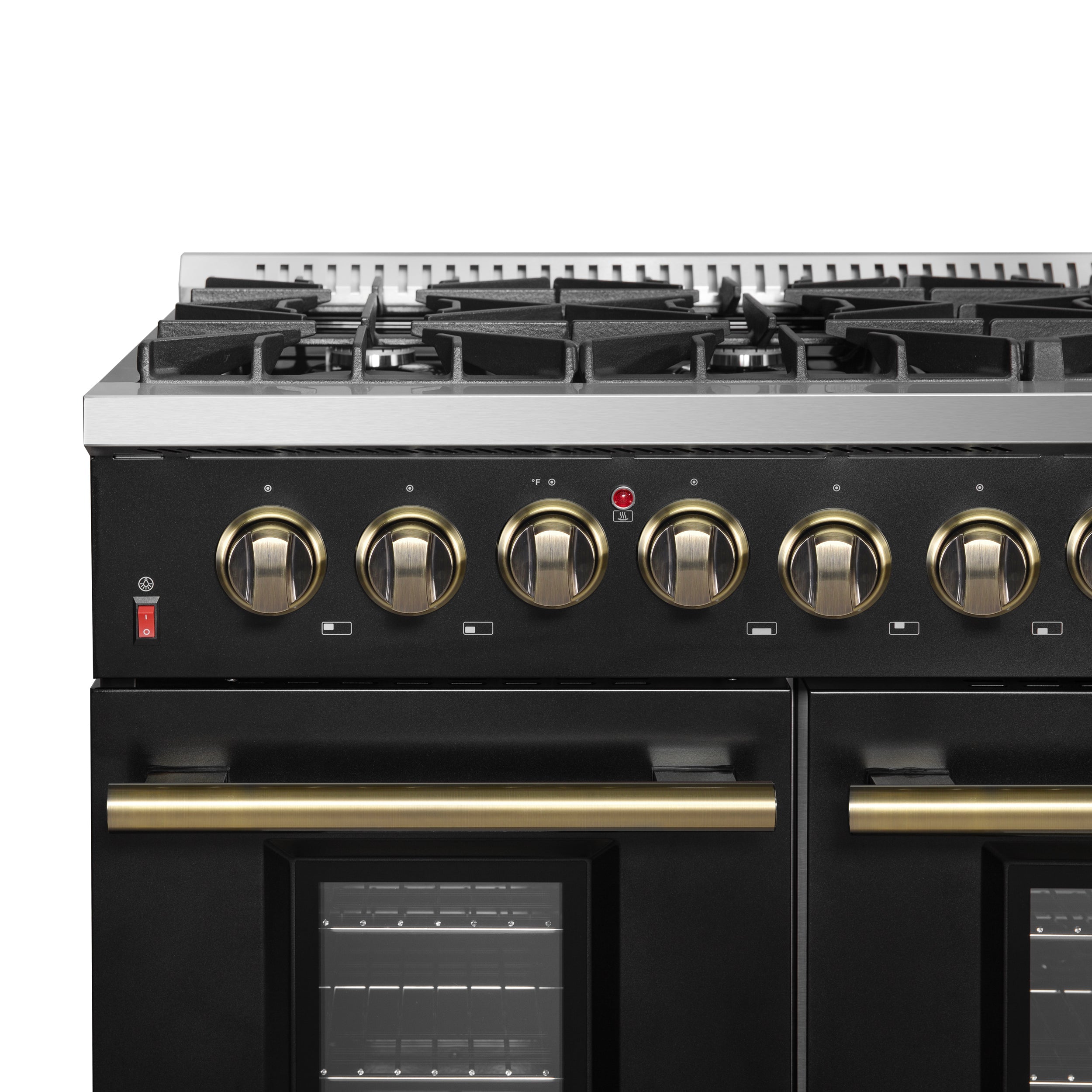 Forno Galiano 48-Inch Dual Fuel Range, 6.58 cu. ft., 8 Sealed Burners with Griddle, Black with Antique Brass Accents (Model FFSGS6156-48BLK)