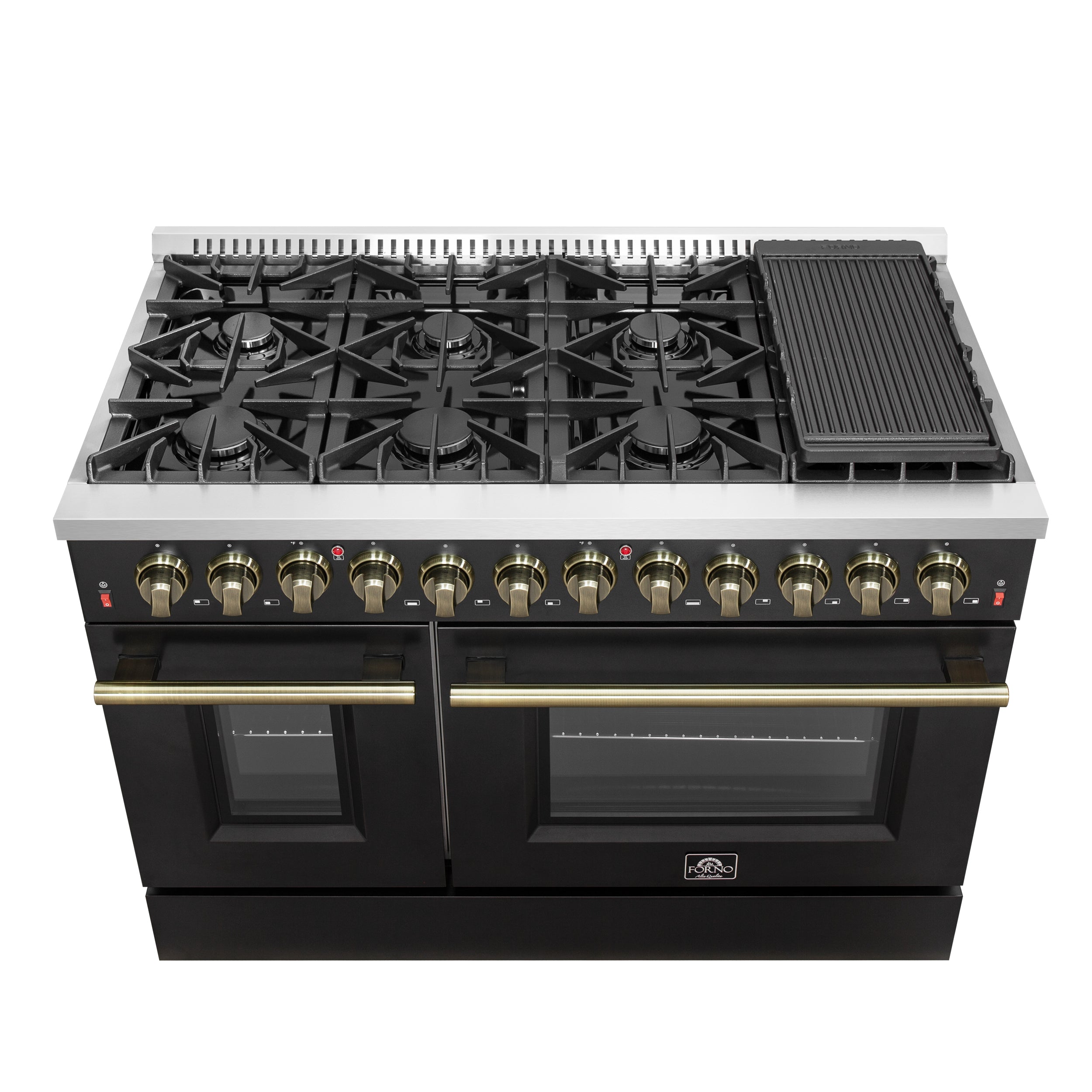 Forno Galiano 48-Inch Dual Fuel Range, 6.58 cu. ft., 8 Sealed Burners with Griddle, Black with Antique Brass Accents (Model FFSGS6156-48BLK)