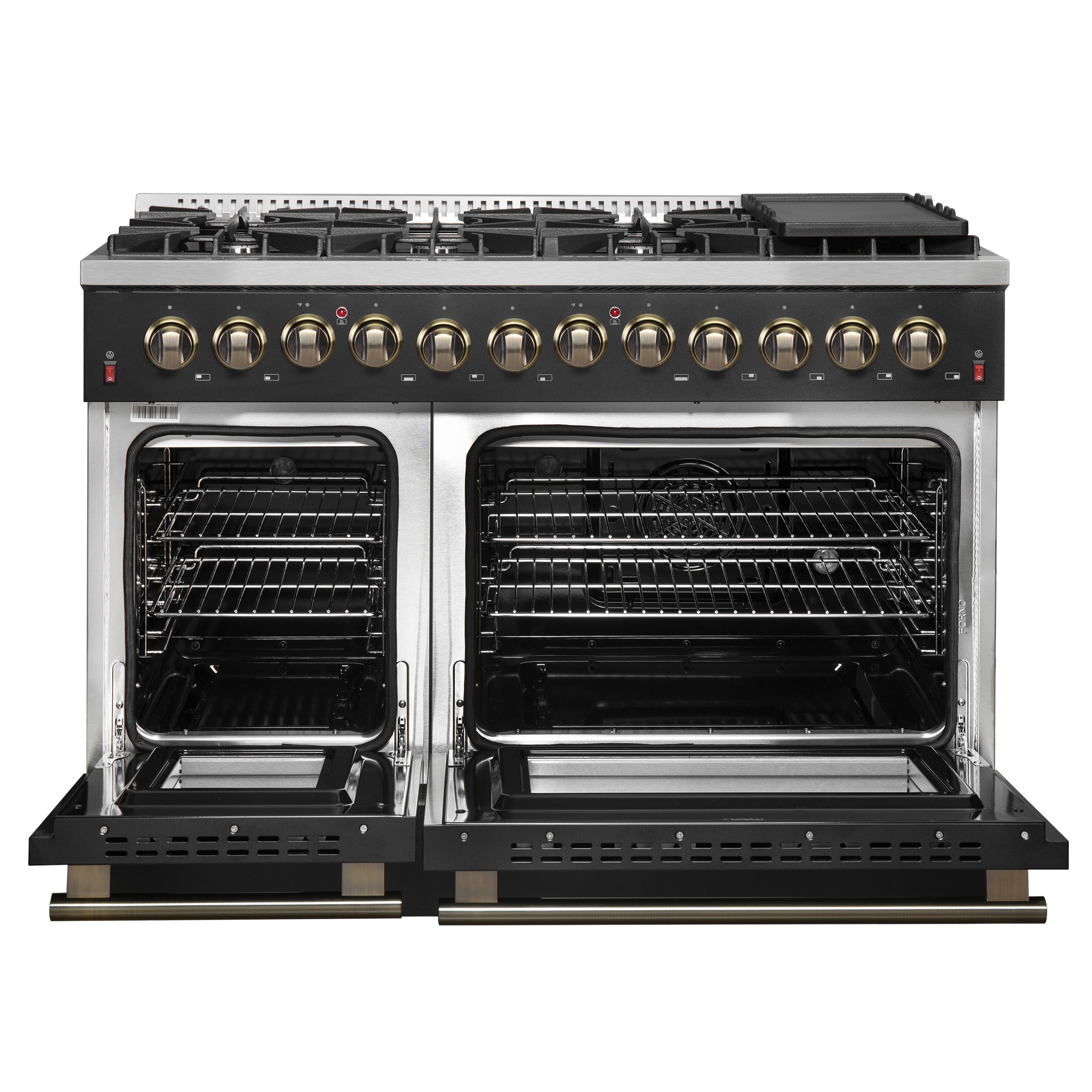 Forno Galiano 48-Inch Dual Fuel Range, 6.58 cu. ft., 8 Sealed Burners with Griddle, Black with Antique Brass Accents (Model FFSGS6156-48BLK)