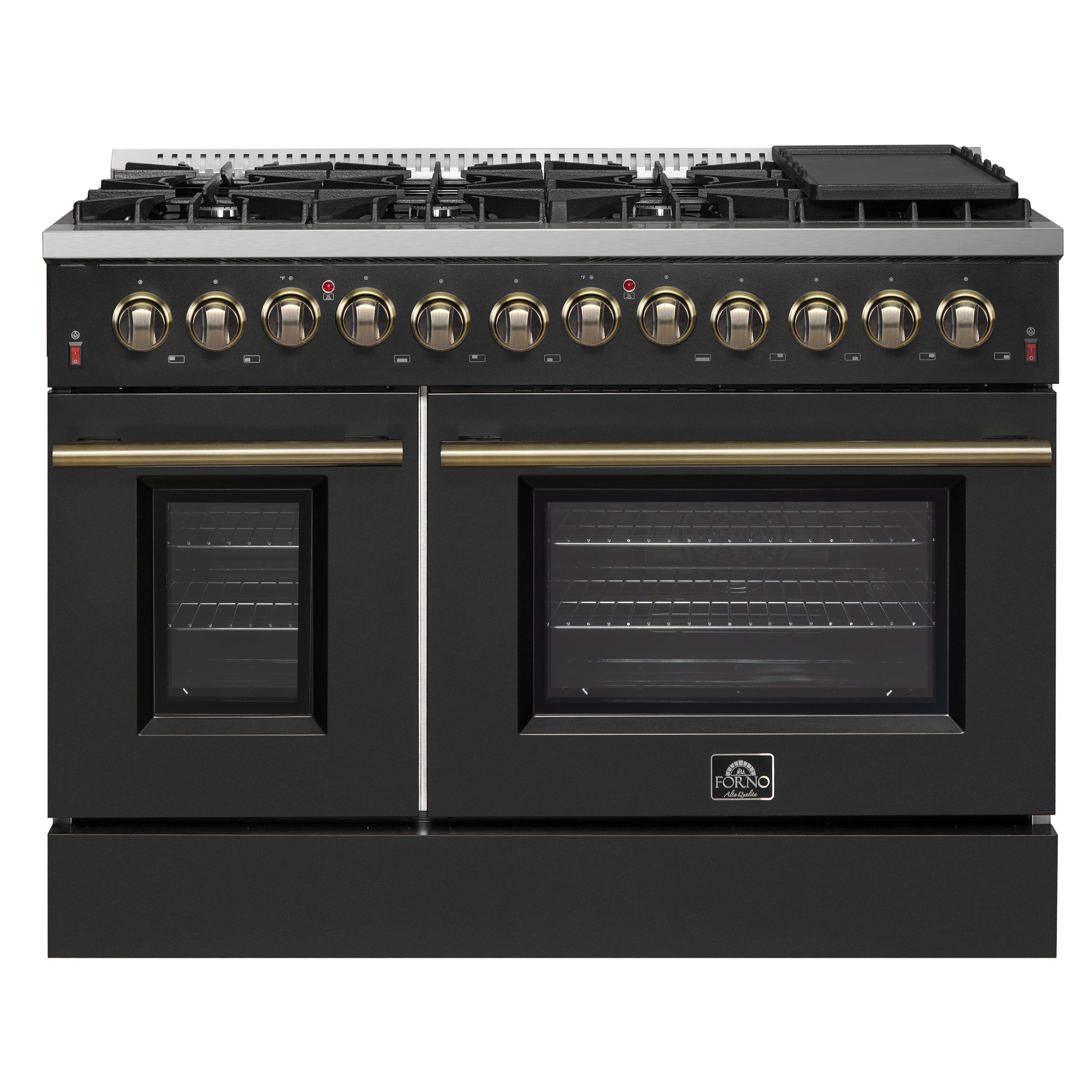 Forno Galiano 48-Inch Dual Fuel Range, 6.58 cu. ft., 8 Sealed Burners with Griddle, Black with Antique Brass Accents (Model FFSGS6156-48BLK)