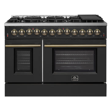 Forno Galiano 48-Inch Dual Fuel Range, 6.58 cu. ft., 8 Sealed Burners with Griddle, Black with Antique Brass Accents (Model FFSGS6156-48BLK)