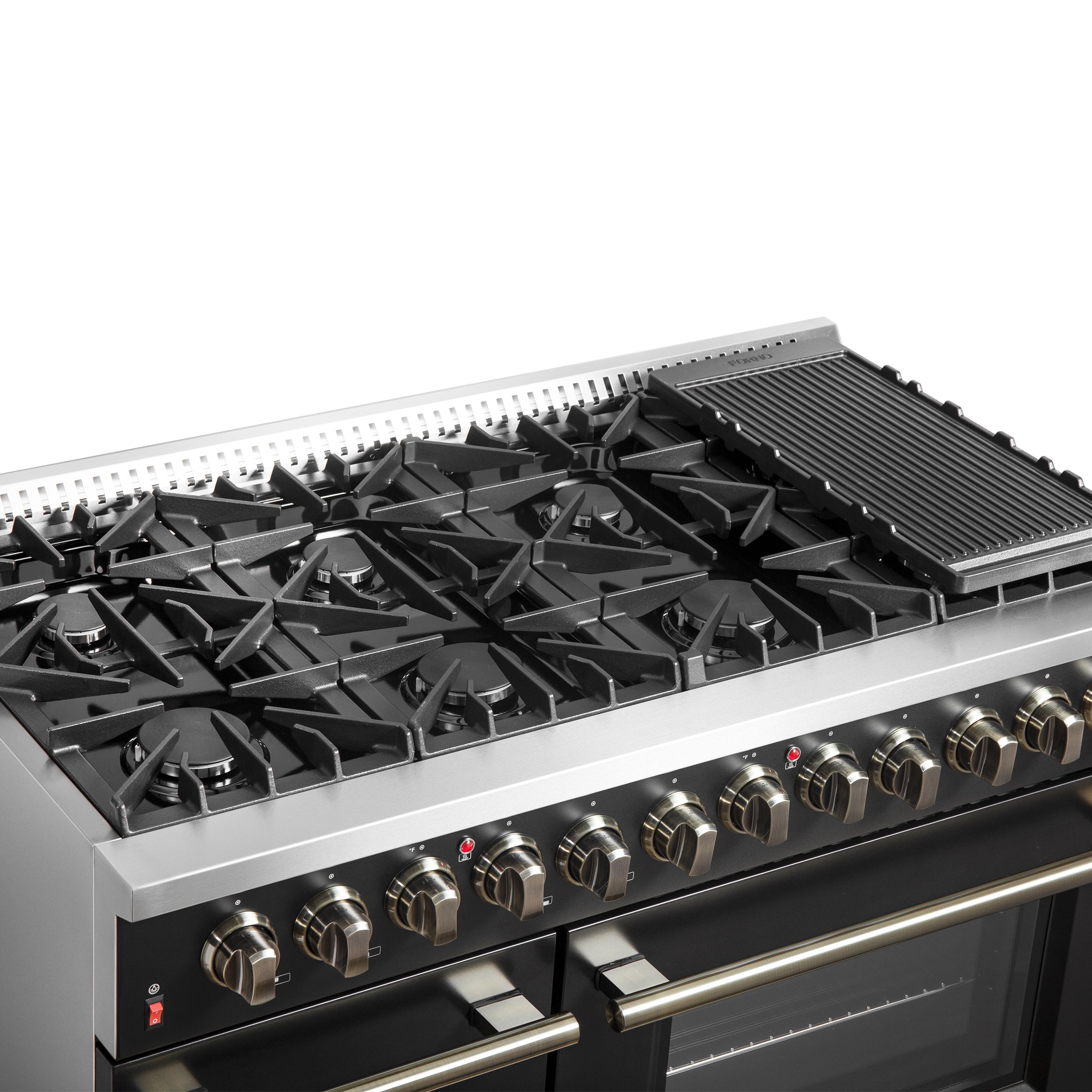 Forno Galiano 48-Inch Dual Fuel Range, 6.58 cu. ft., 8 Sealed Burners with Griddle, Black with Antique Brass Accents (Model FFSGS6156-48BLK)