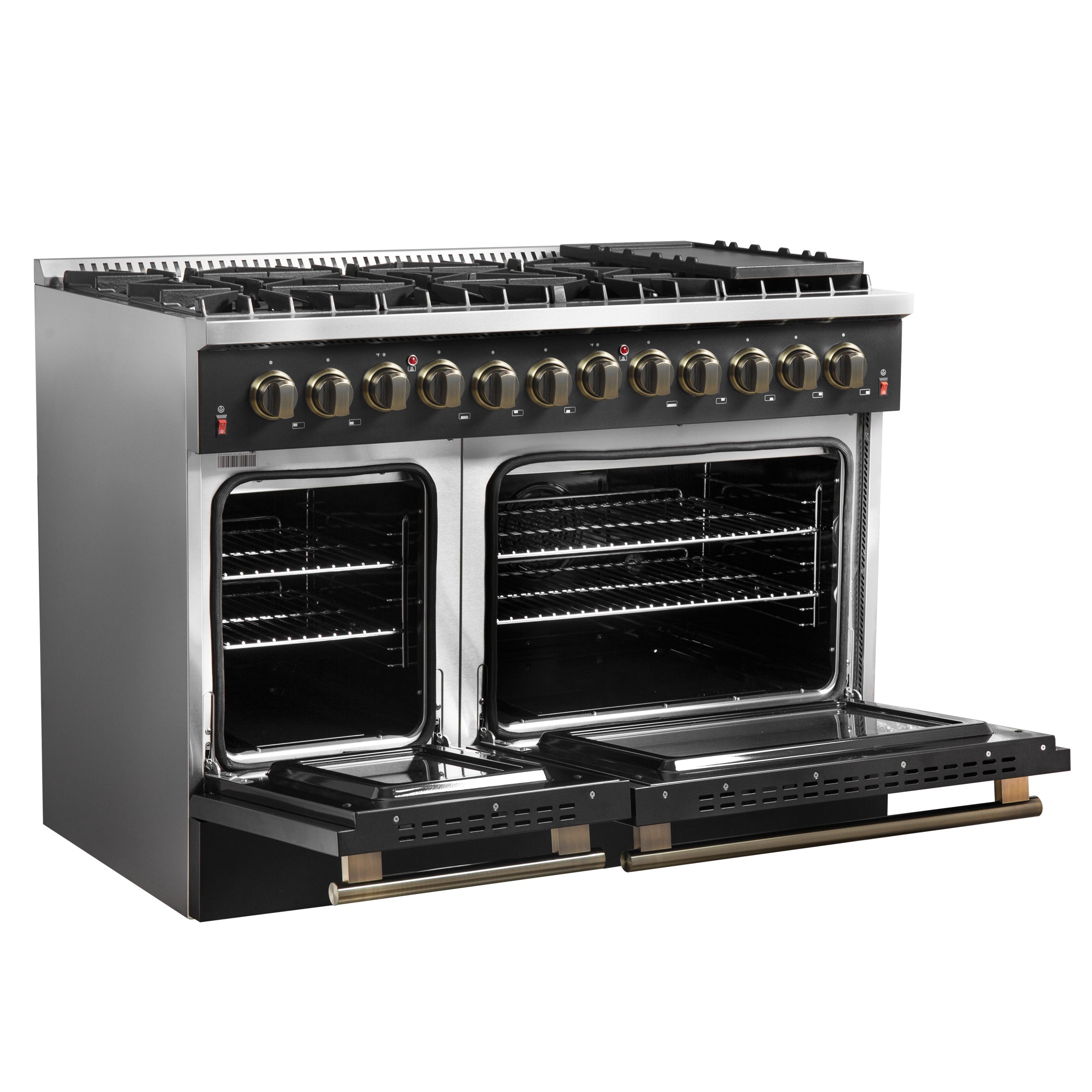 Forno Galiano 48-Inch Dual Fuel Range, 6.58 cu. ft., 8 Sealed Burners with Griddle, Black with Antique Brass Accents (Model FFSGS6156-48BLK)
