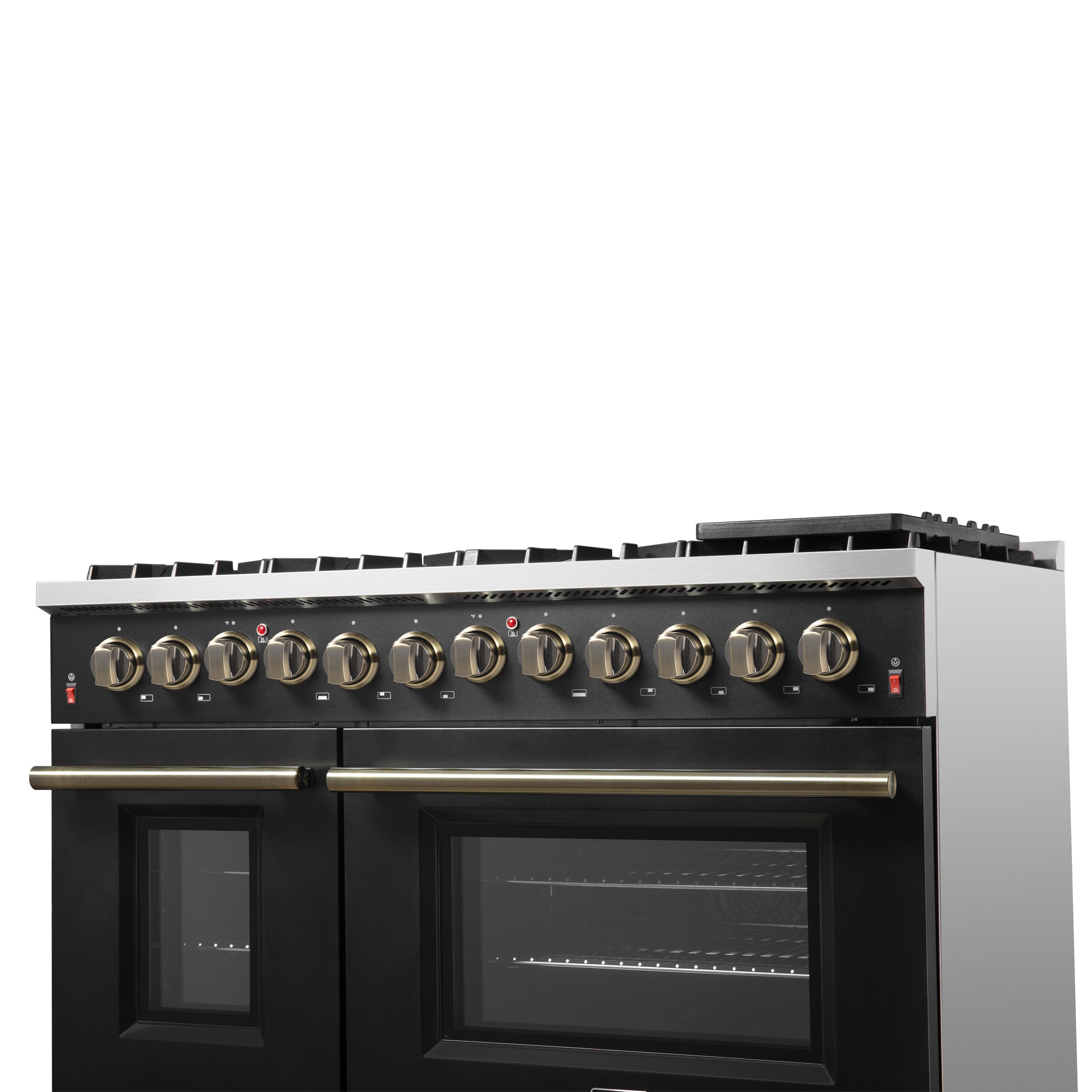 Forno Galiano 48-Inch Dual Fuel Range, 6.58 cu. ft., 8 Sealed Burners with Griddle, Black with Antique Brass Accents (Model FFSGS6156-48BLK)