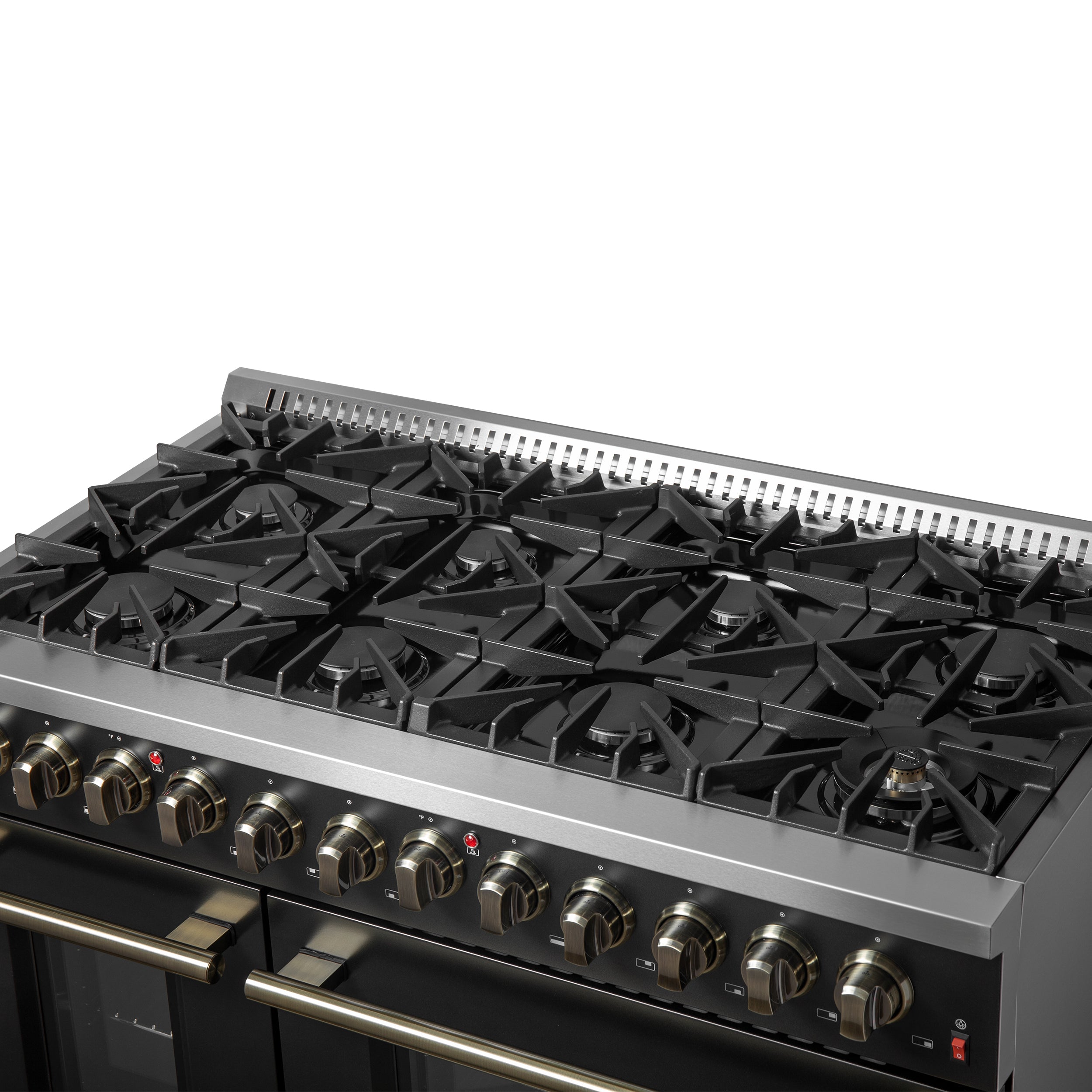 Forno Galiano 48-Inch Dual Fuel Range, 6.58 cu. ft., 8 Sealed Burners with Griddle, Black with Antique Brass Accents (Model FFSGS6156-48BLK)