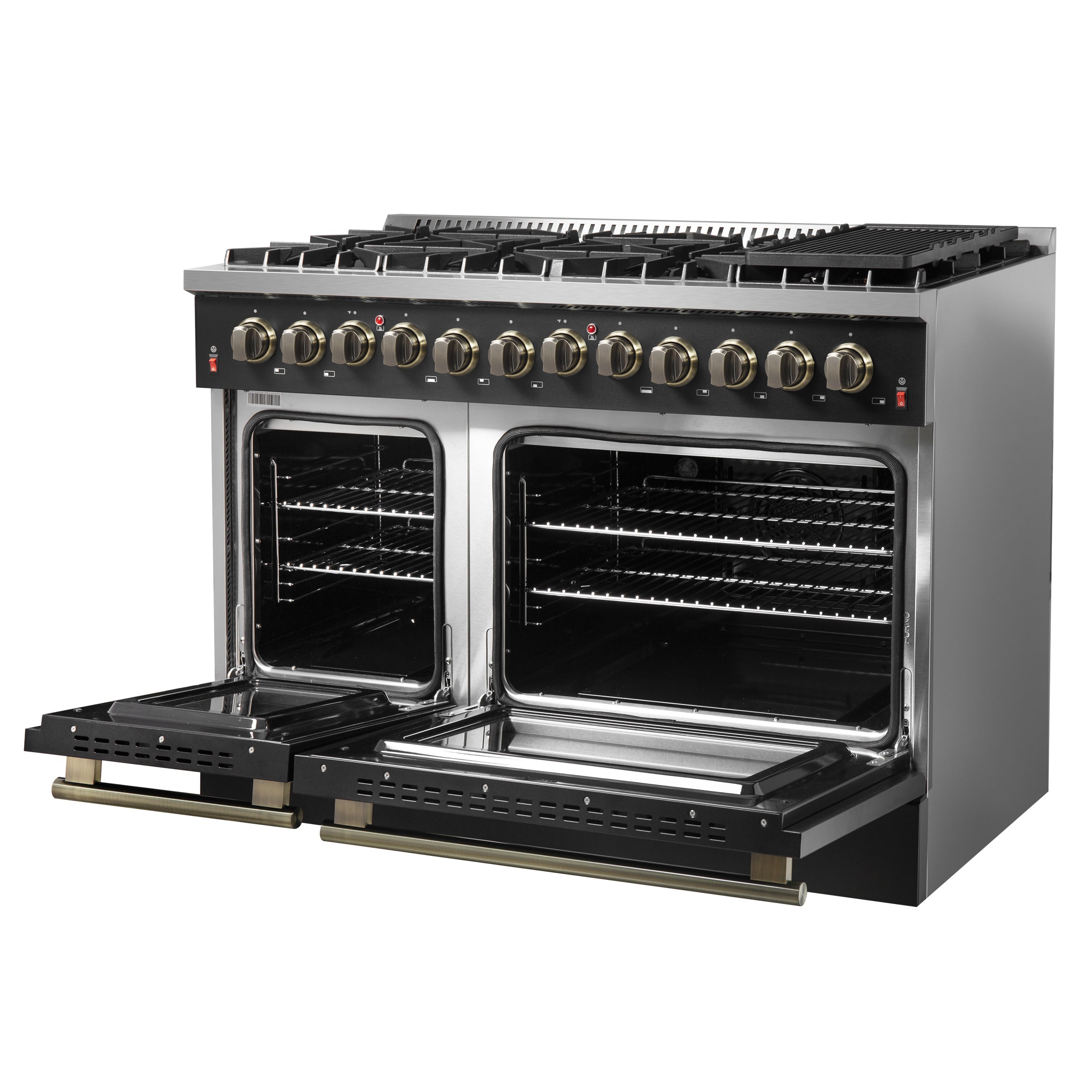 Forno Galiano 48-Inch Dual Fuel Range, 6.58 cu. ft., 8 Sealed Burners with Griddle, Black with Antique Brass Accents (Model FFSGS6156-48BLK)