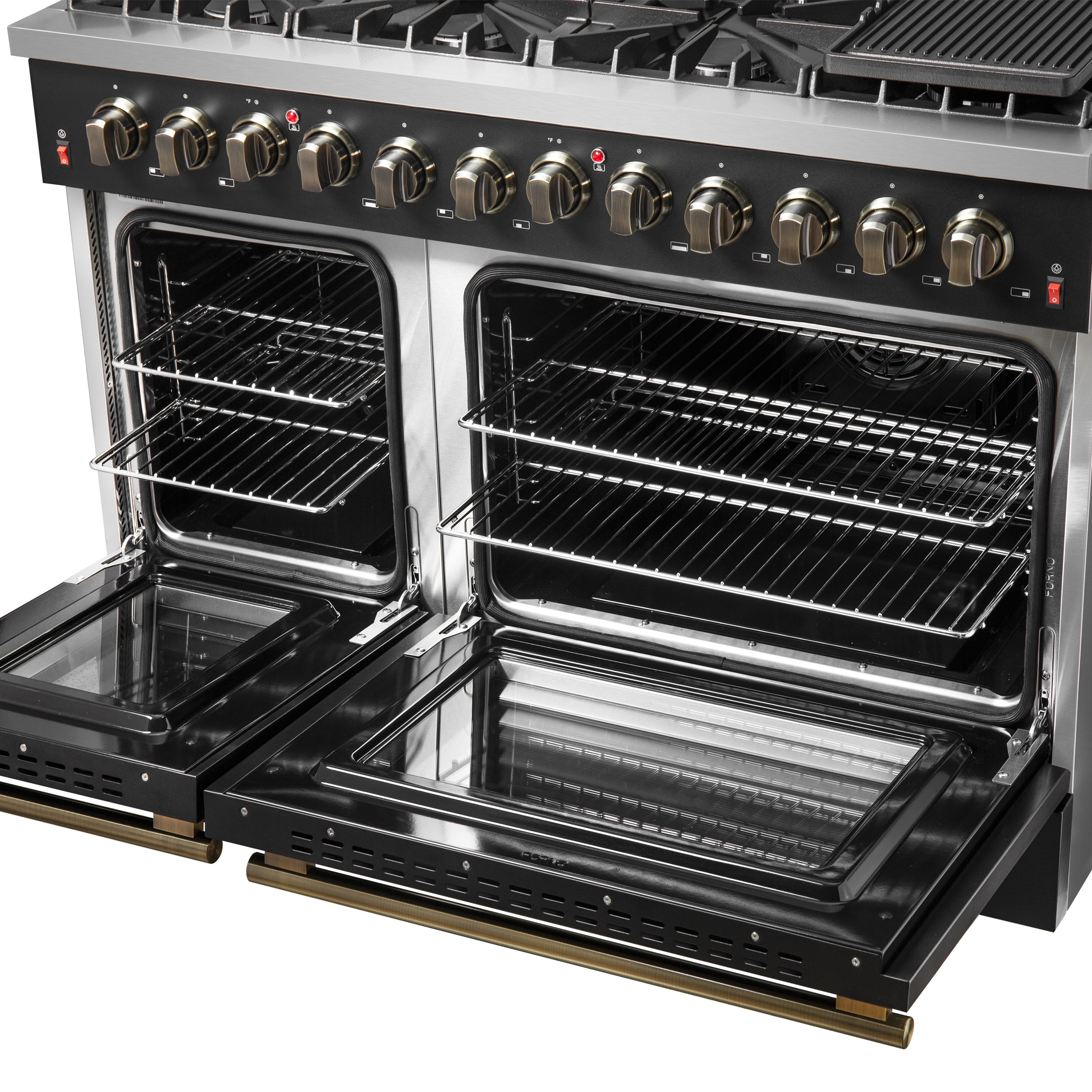 Forno Galiano 48-Inch Dual Fuel Range, 6.58 cu. ft., 8 Sealed Burners with Griddle, Black with Antique Brass Accents (Model FFSGS6156-48BLK)