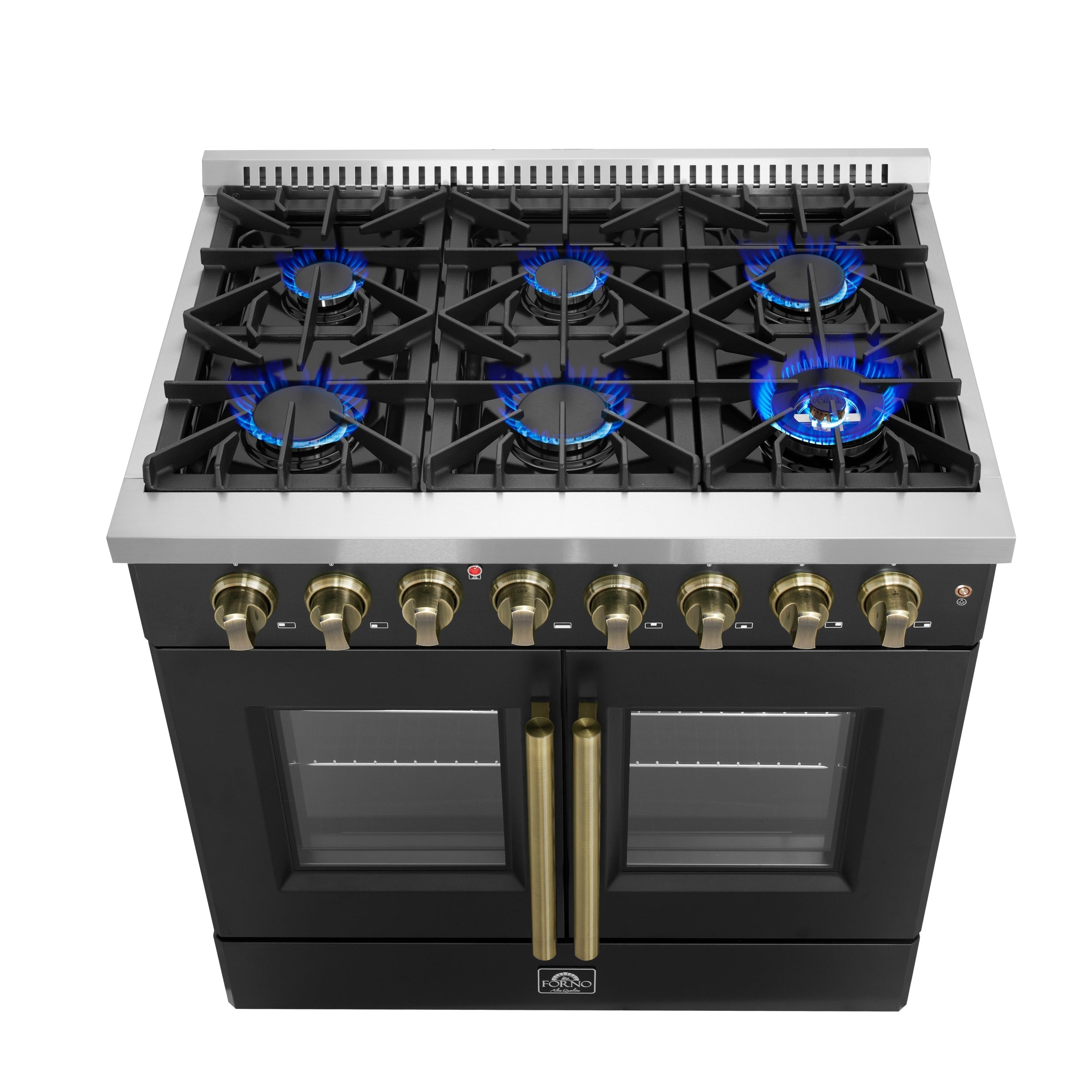 FORNO Galiano 36-Inch Dual Fuel Range, 5.36 cu. ft. French Door Oven, 6 Sealed Burners, Black with Antique Brass Accents (Model FFSGS6356-36BLK)