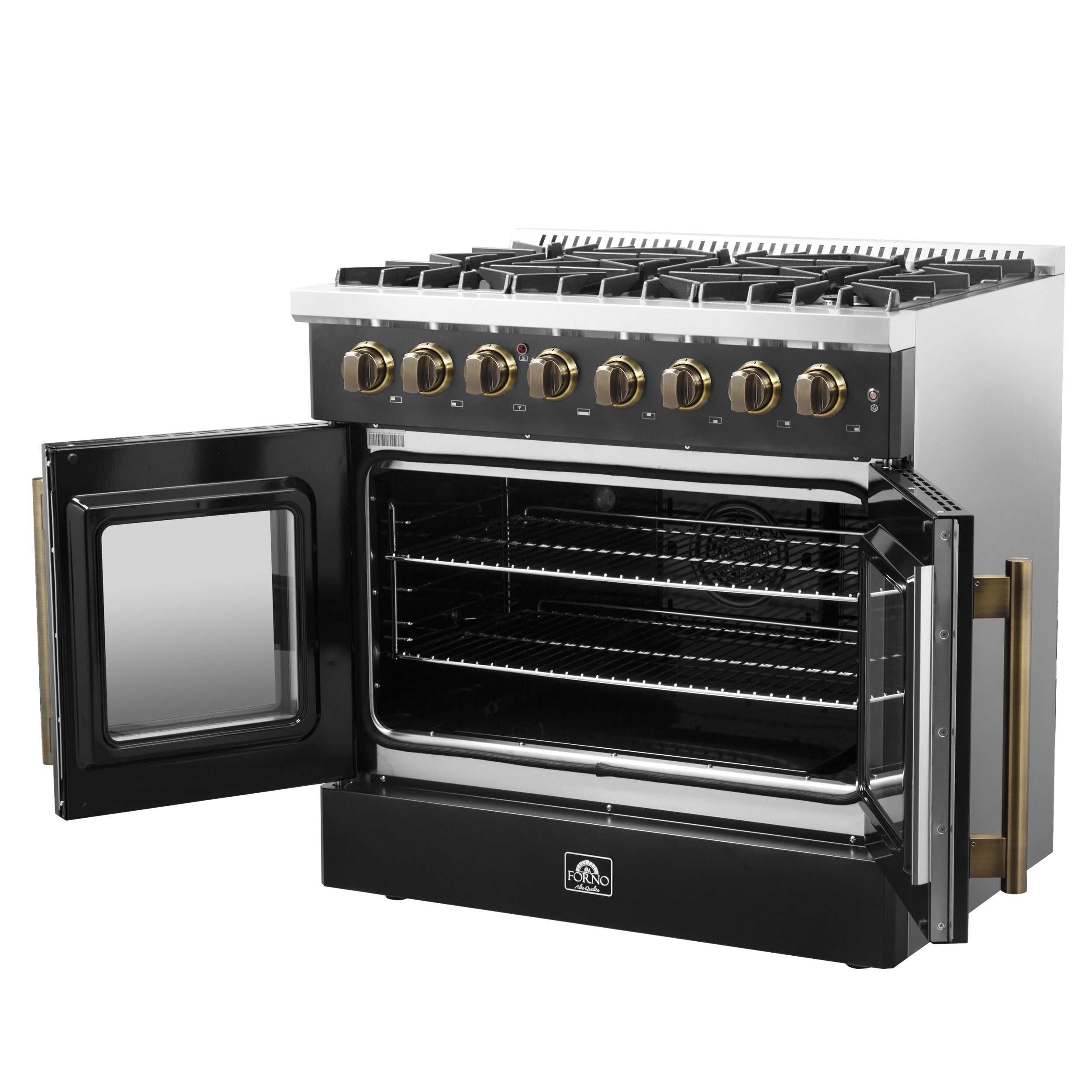 FORNO Galiano 36-Inch Dual Fuel Range, 5.36 cu. ft. French Door Oven, 6 Sealed Burners, Black with Antique Brass Accents (Model FFSGS6356-36BLK)