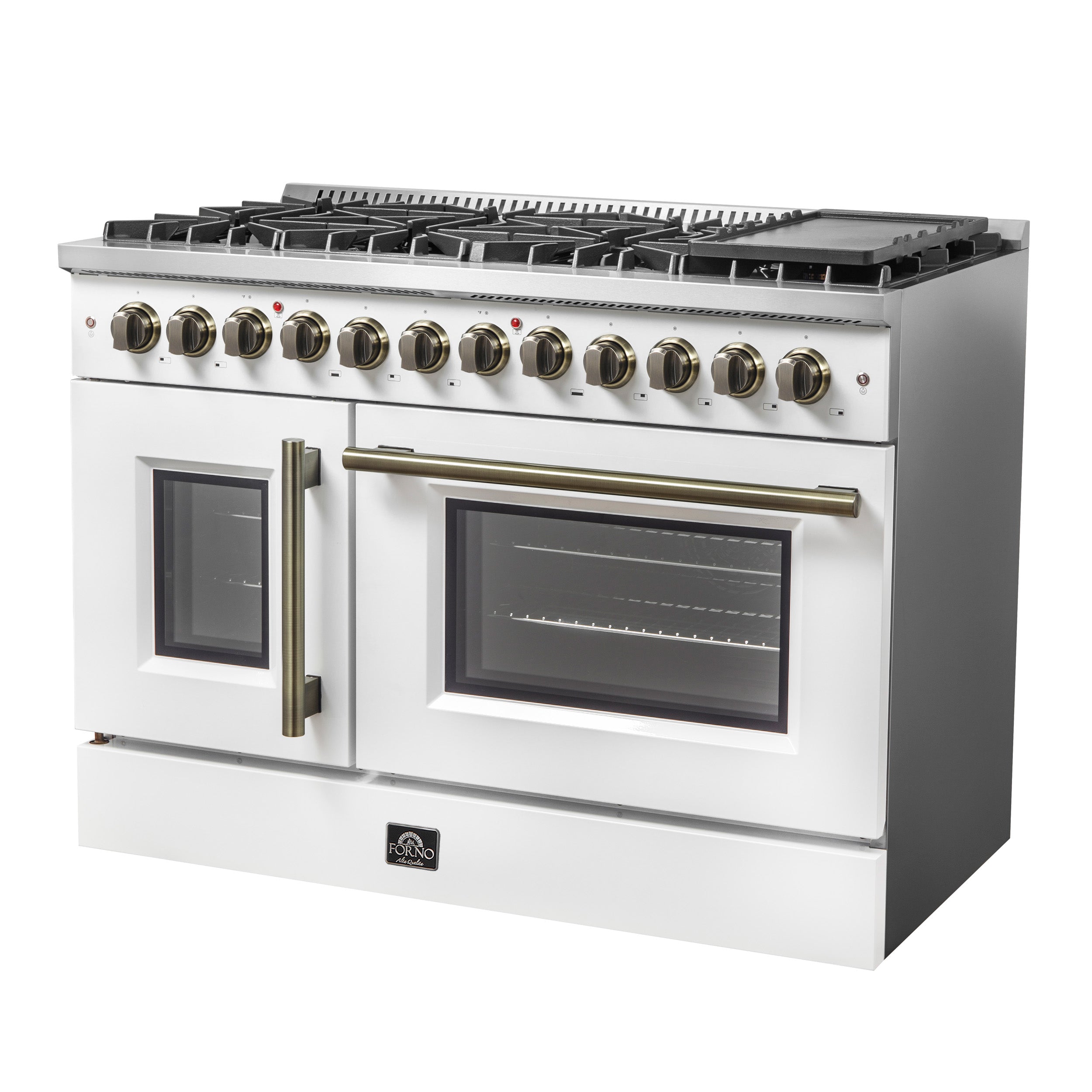 Forno Galiano 48-Inch Dual Fuel Range, 6.58 cu. ft., French Door Oven, 8 Sealed Burners with Griddle, White with Antique Brass Accents (Model FFSGS6356-48WHT)