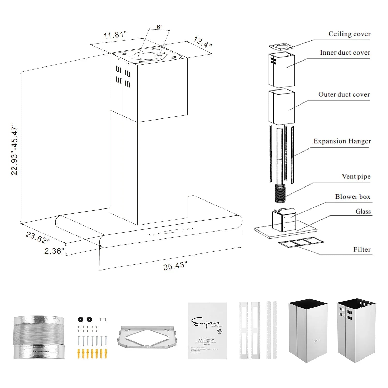 Empava 36-Inch 400 CFM Island Wall Mount Ducted Range Hood (EMPV-36RH10)