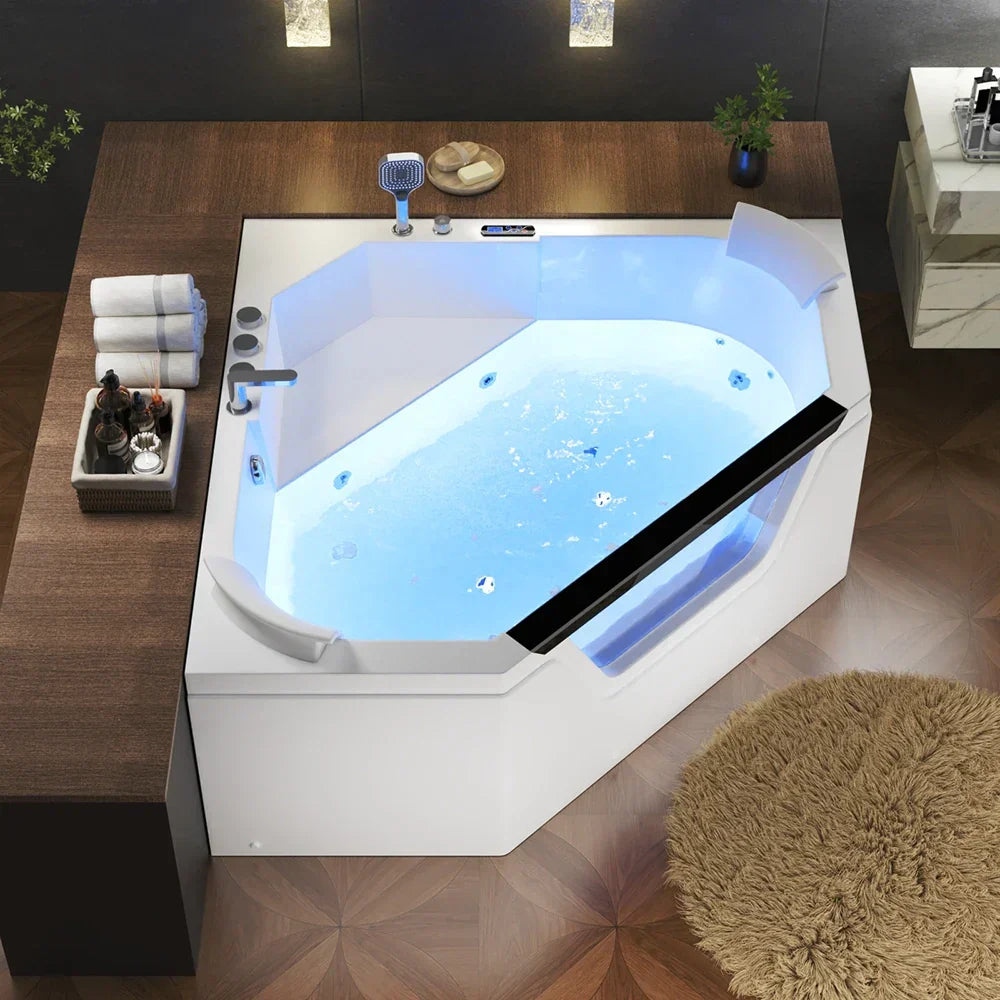 Empava 59-Inch Alcove Combo Massage Whirlpool Inline Heater LED Tub with Left Drain (EMPV-59PRO03)