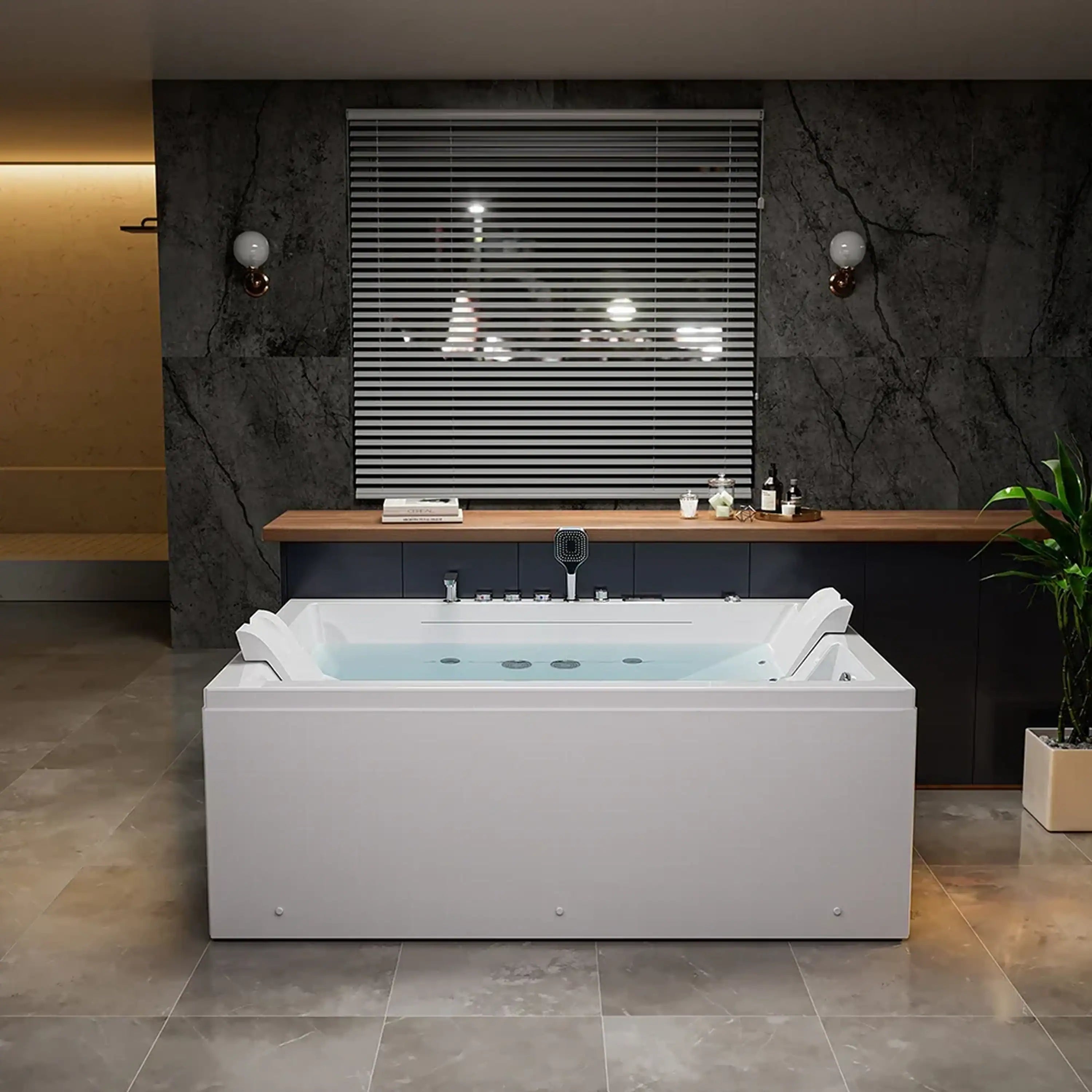 Empava 71-Inch Alcove Inline Heater Combo Massage Whirlpool 2-Person Tub with Waterfall (EMPV-71PRO02)