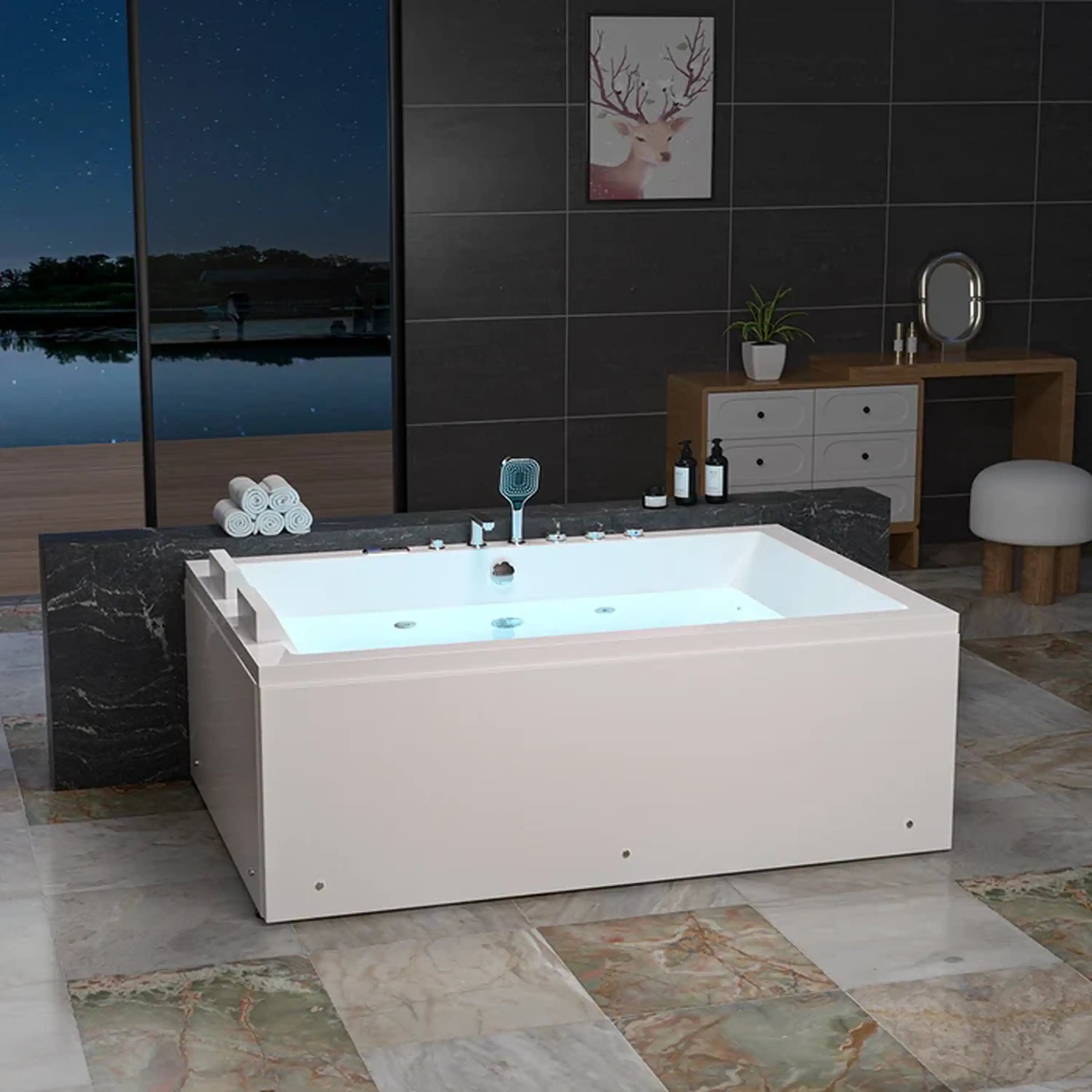 Empava 71-Inch Alcove Dual Massage Whirlpool Inline Heater 2-Person Bathtub with Center Drain (EMPV-71PRO04)