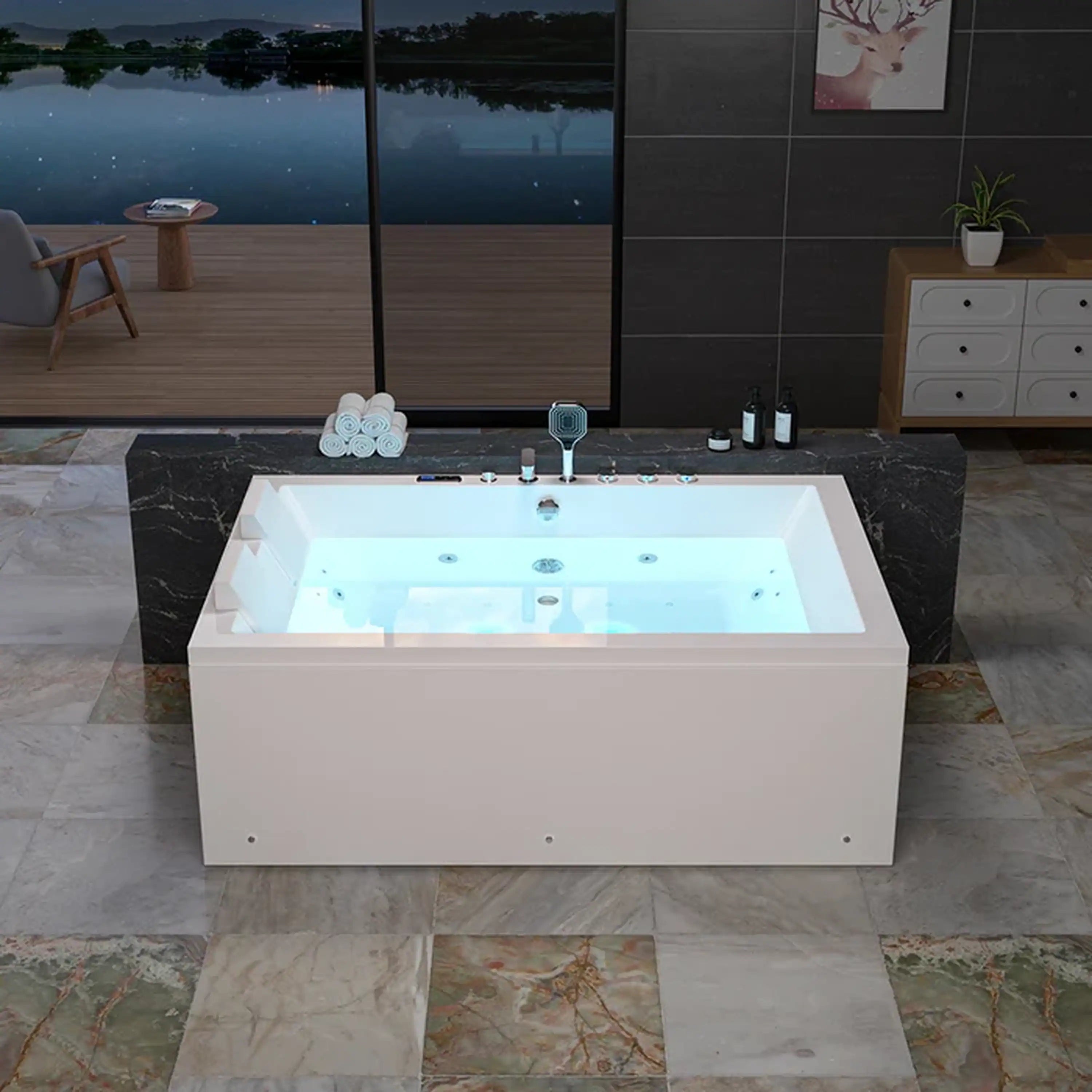 Empava 71-Inch Alcove Dual Massage Whirlpool Inline Heater 2-Person Bathtub with Center Drain (EMPV-71PRO04)