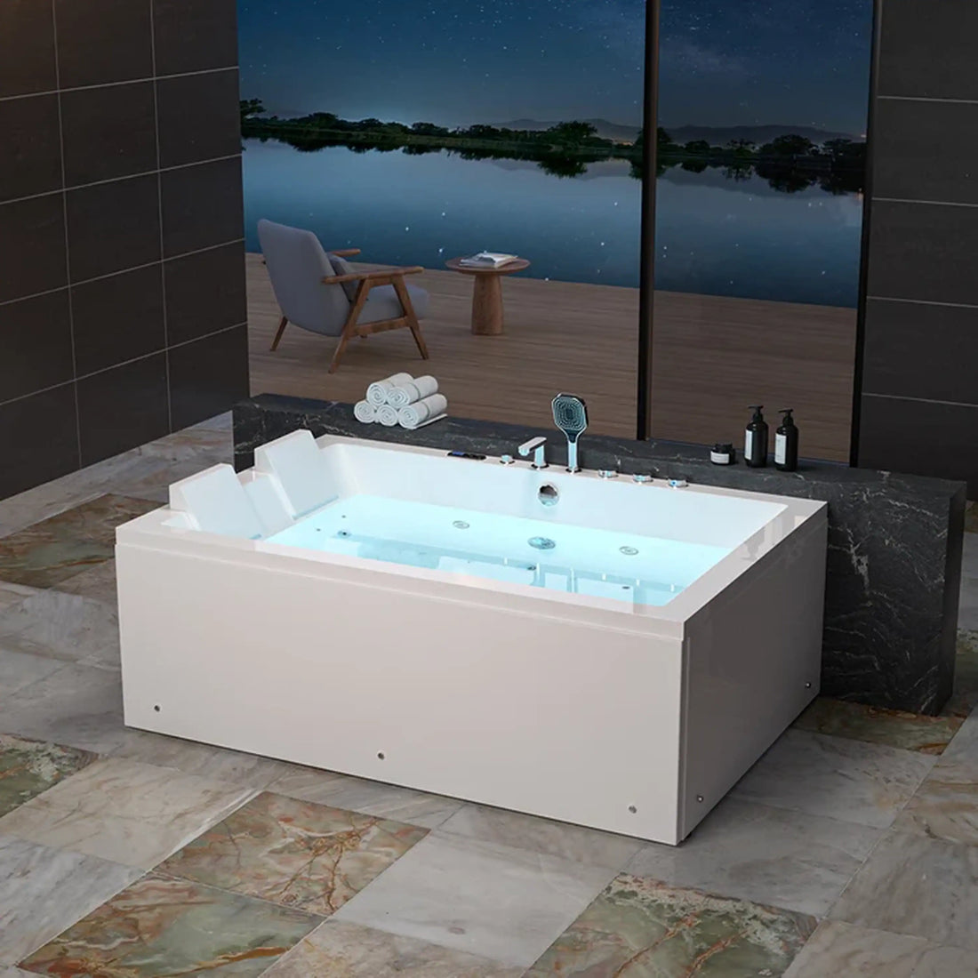 Empava 71-Inch Alcove Dual Massage Whirlpool Inline Heater 2-Person Bathtub with Center Drain (EMPV-71PRO04)
