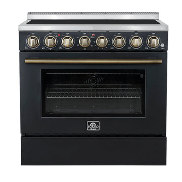 Forno Paolo 36-Inch Freestanding Electric Range, 5.44 cu. ft. True Convection Oven, Black with Antique Brass Accents (Model FFSEL6011-36BLK)