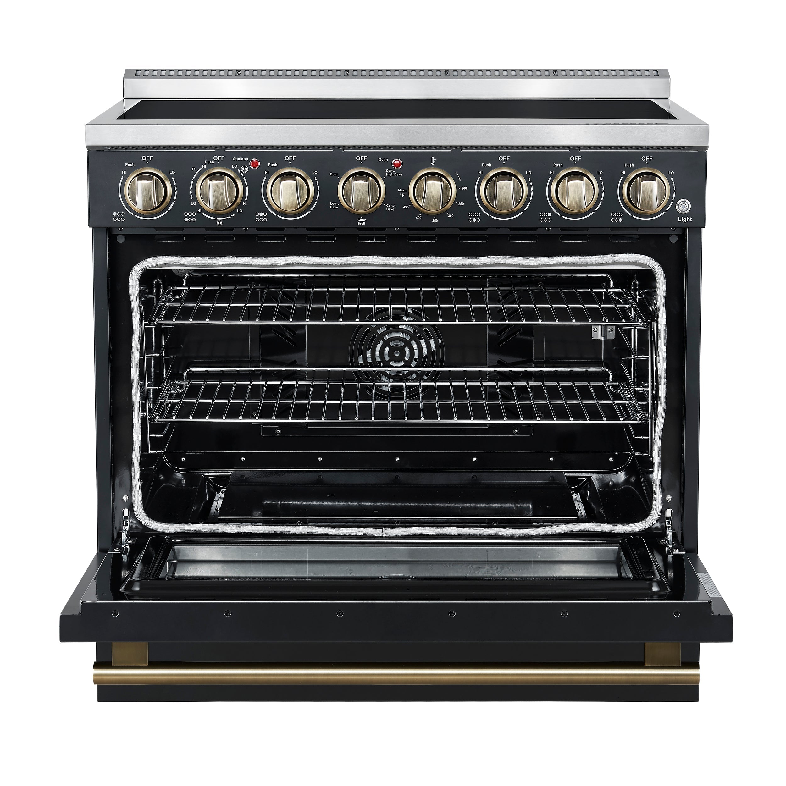 Forno Paolo 36-Inch Freestanding Electric Range, 5.44 cu. ft. True Convection Oven, Black with Antique Brass Accents (Model FFSEL6011-36BLK)
