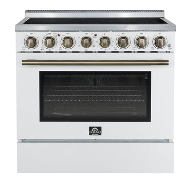 Forno Paolo 36-Inch Freestanding Electric Range with 5.44 cu. ft. True Convection Oven, White with Antique Brass Accents (FFSEL6011-36WHT)