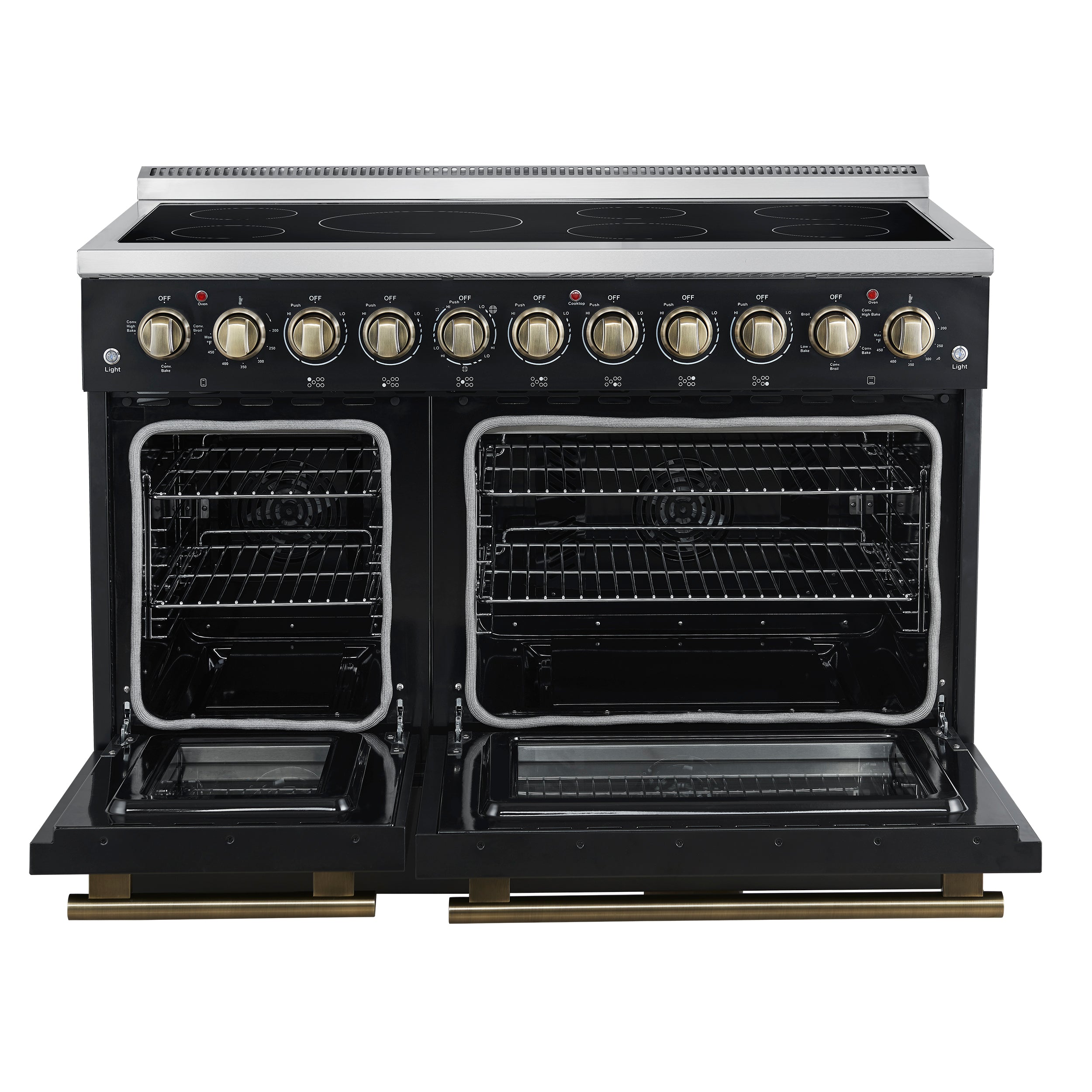 Forno Paolo 48-Inch Freestanding Electric Range, 6.7 cu. ft. True Convection Oven, Black with Antique Brass Accents (Model FFSEL6011-48BLK)