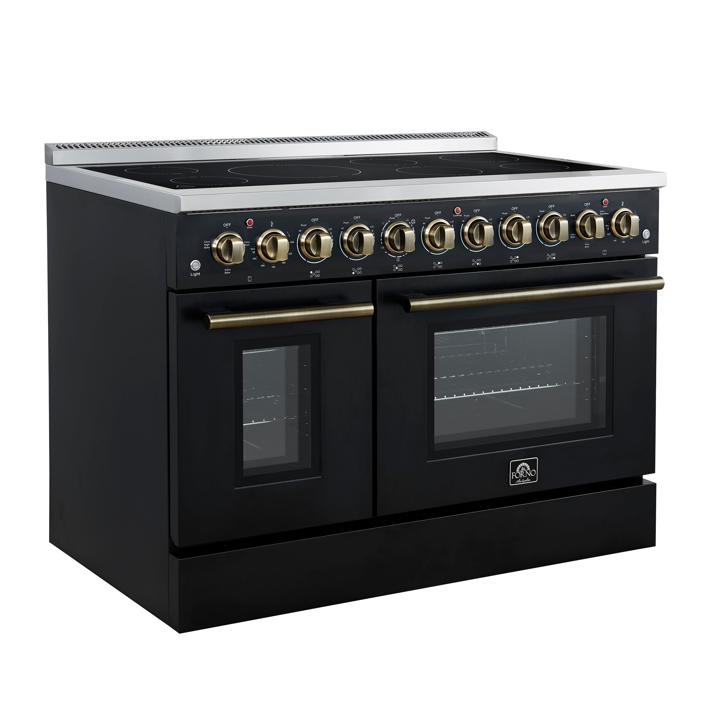 Forno Paolo 48-Inch Freestanding Electric Range, 6.7 cu. ft. True Convection Oven, Black with Antique Brass Accents (Model FFSEL6011-48BLK)