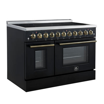 Forno Paolo 48-Inch Freestanding Electric Range, 6.7 cu. ft. True Convection Oven, Black with Antique Brass Accents (Model FFSEL6011-48BLK)