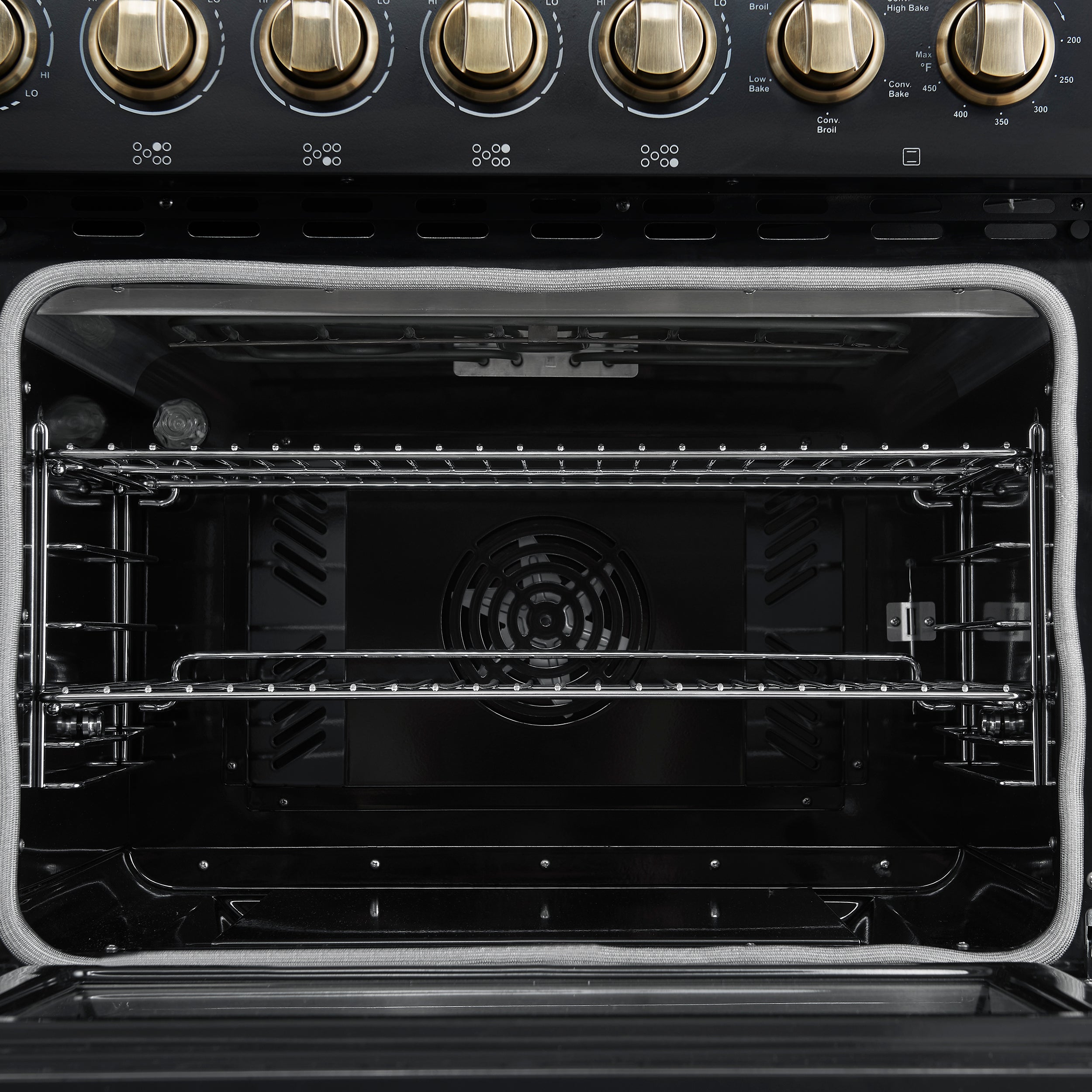 Forno Paolo 48-Inch Freestanding Electric Range, 6.7 cu. ft. True Convection Oven, Black with Antique Brass Accents (Model FFSEL6011-48BLK)