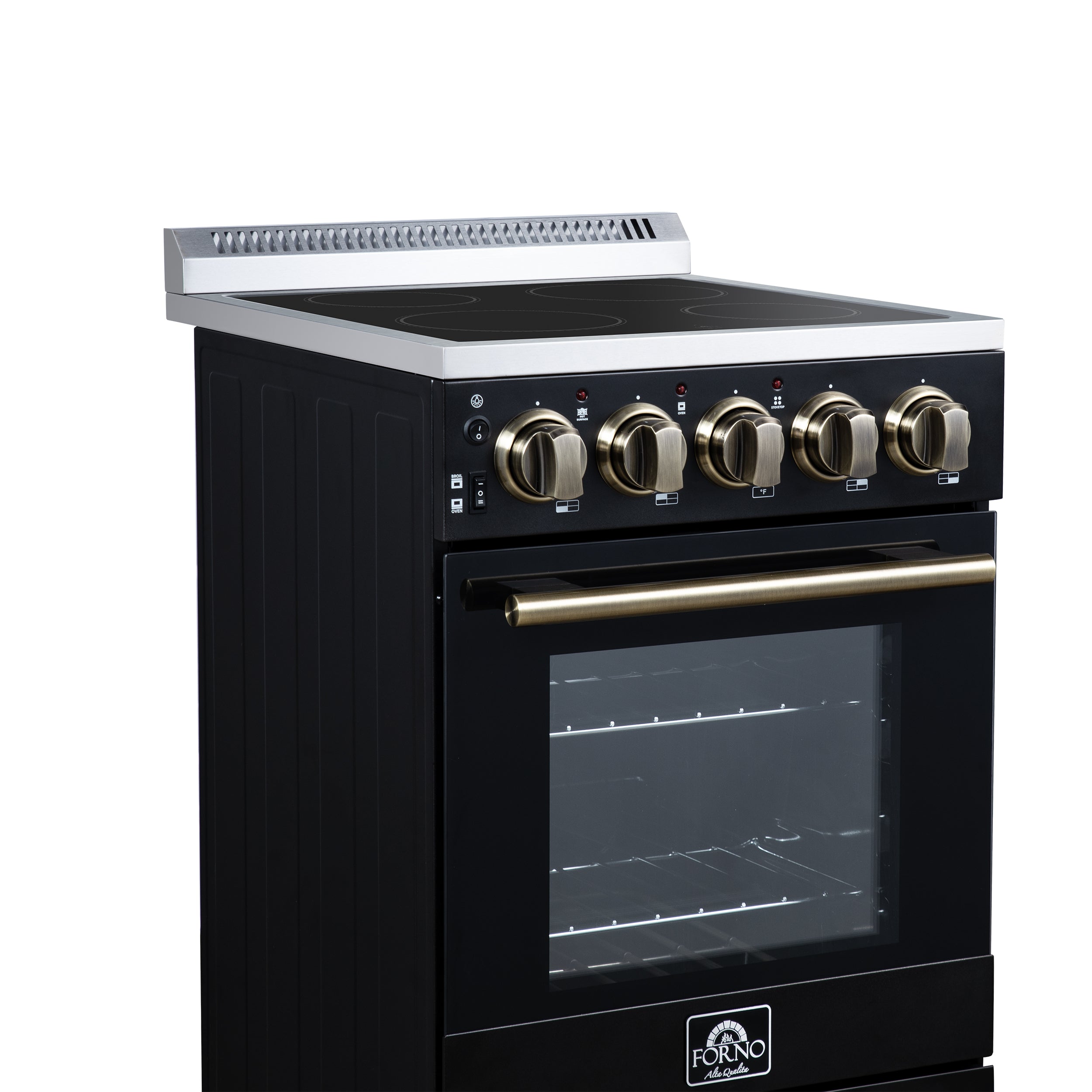 Forno Pallerno 20-Inch Freestanding Electric Range with 4 Radiant Elements, 2.05 cu. ft. Oven, Storage Drawer, Black with Antique Brass Acccents (Model FFSEL6052-20BLK)