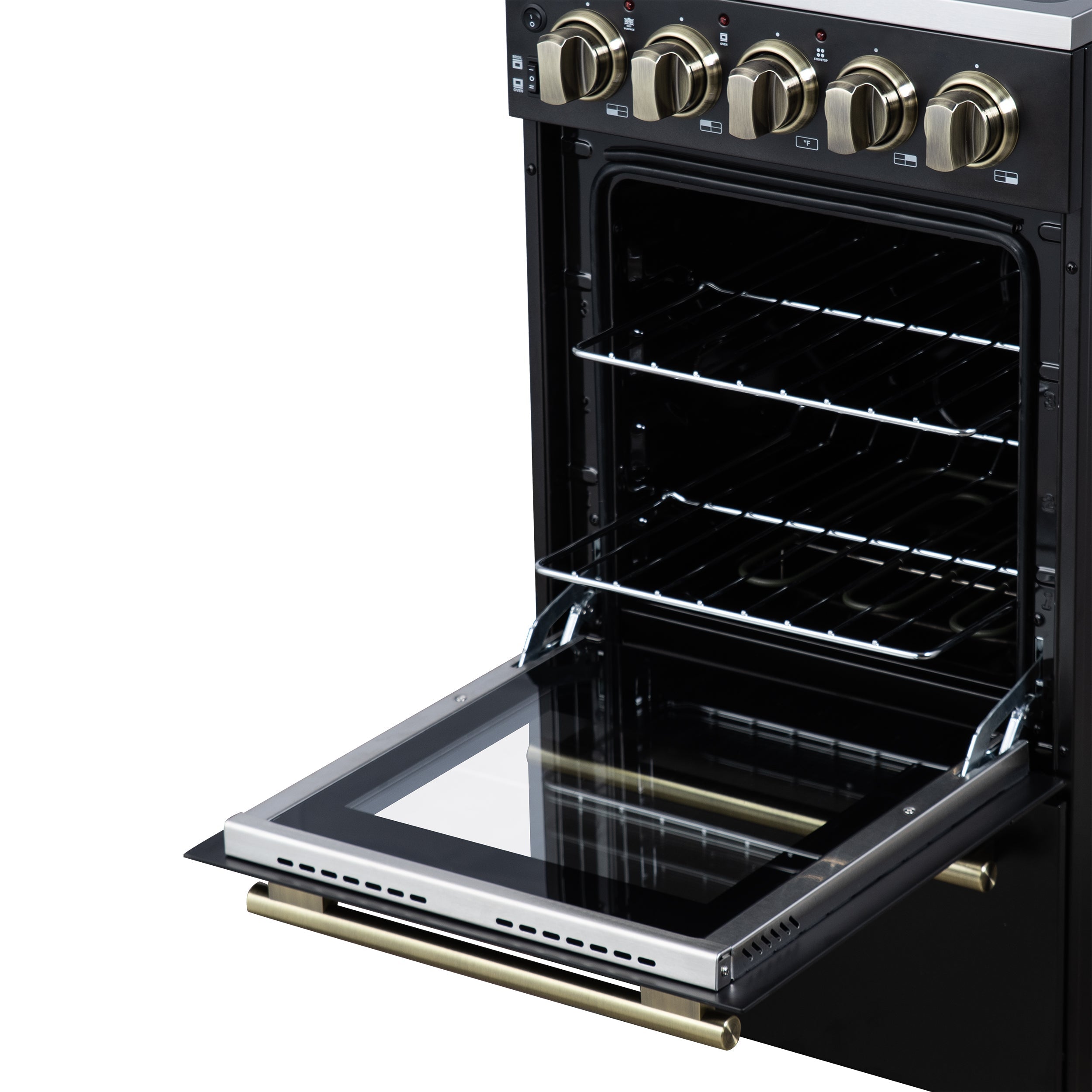 Forno Pallerno 20-Inch Freestanding Electric Range with 4 Radiant Elements, 2.05 cu. ft. Oven, Storage Drawer, Black with Antique Brass Acccents (Model FFSEL6052-20BLK)