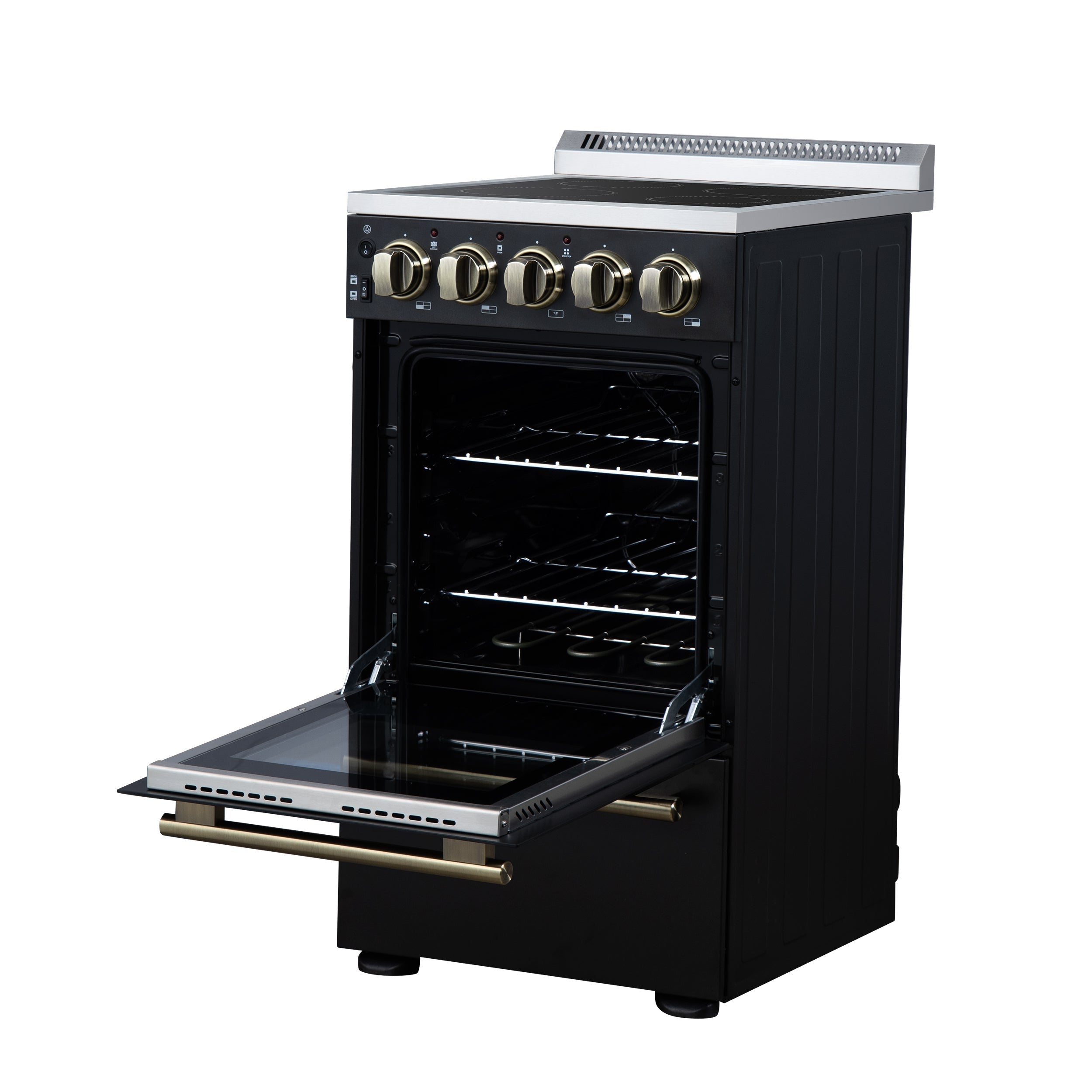 Forno Pallerno 20-Inch Freestanding Electric Range with 4 Radiant Elements, 2.05 cu. ft. Oven, Storage Drawer, Black with Antique Brass Acccents (Model FFSEL6052-20BLK)