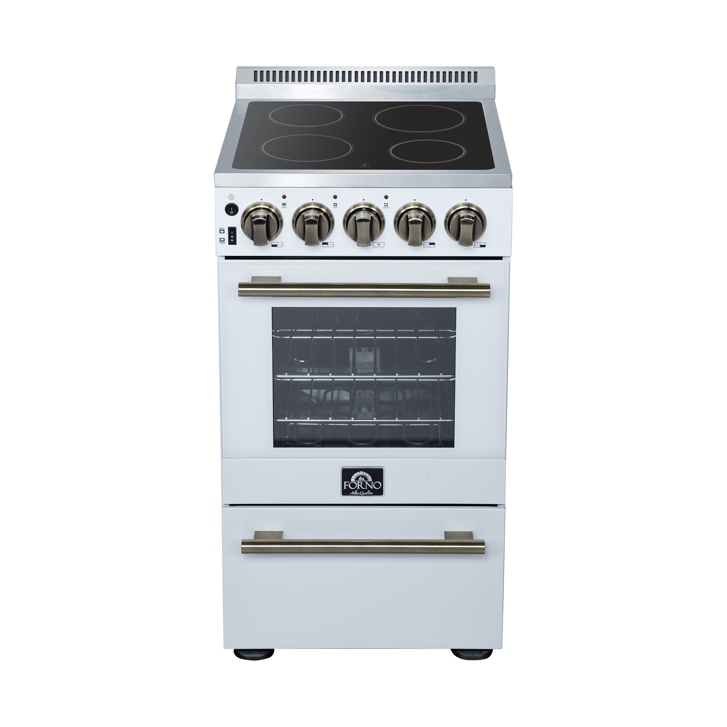 Forno Pallerno 20-Inch Freestanding Electric Range, 2.05 cu ft, 4 Radiant Elements, Storage Drawer, White with Antique Brass Accents (Model FFSEL6052-20WHT)