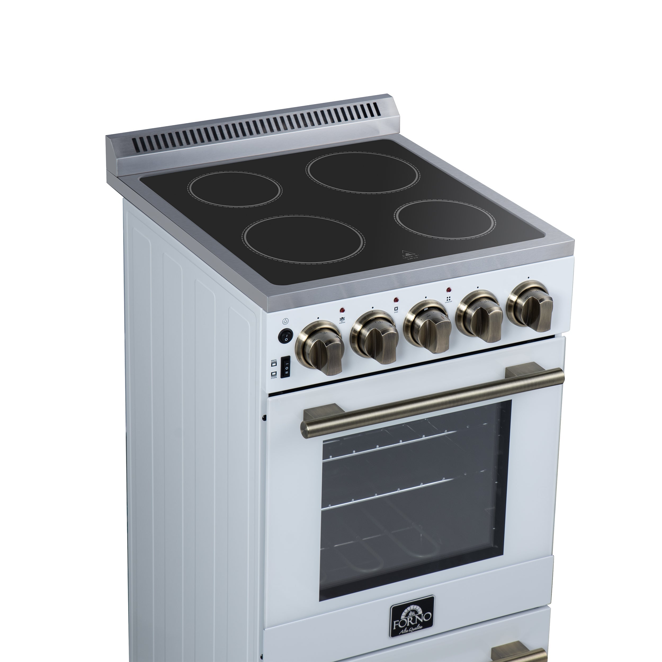 Forno Pallerno 20-Inch Freestanding Electric Range, 2.05 cu ft, 4 Radiant Elements, Storage Drawer, White with Antique Brass Accents (Model FFSEL6052-20WHT)