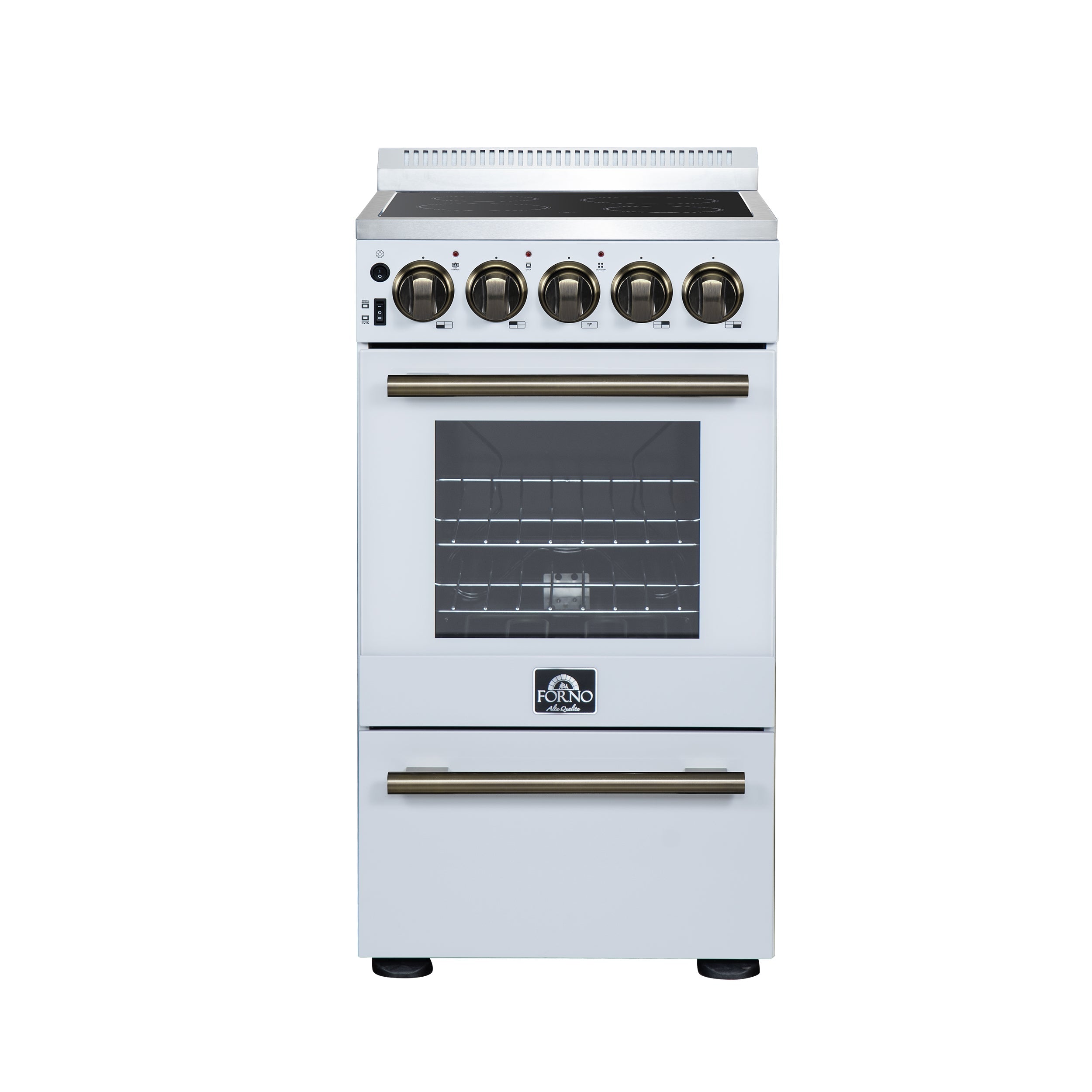 Forno Pallerno 20-Inch Freestanding Electric Range, 2.05 cu ft, 4 Radiant Elements, Storage Drawer, White with Antique Brass Accents (Model FFSEL6052-20WHT)