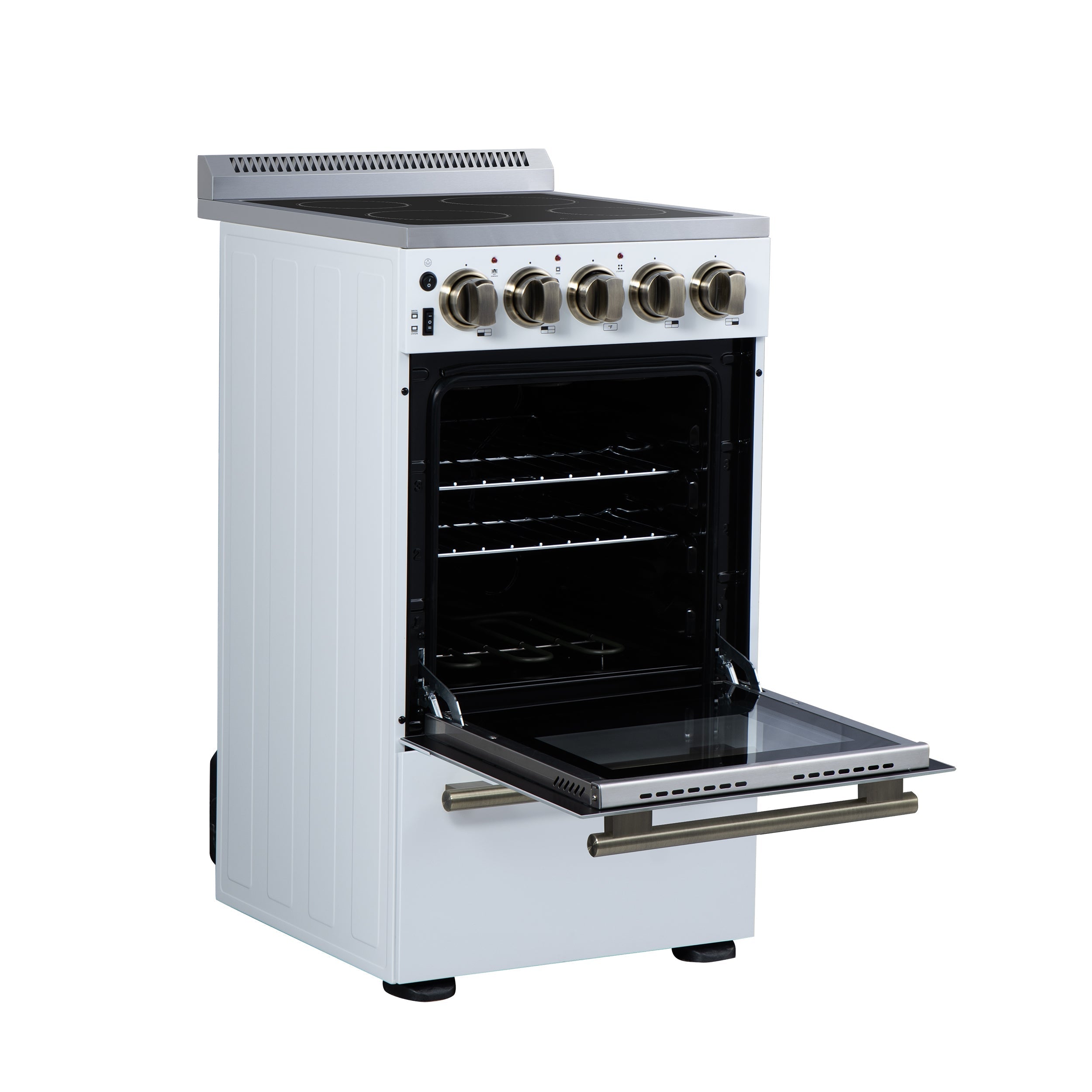 Forno Pallerno 20-Inch Freestanding Electric Range, 2.05 cu ft, 4 Radiant Elements, Storage Drawer, White with Antique Brass Accents (Model FFSEL6052-20WHT)