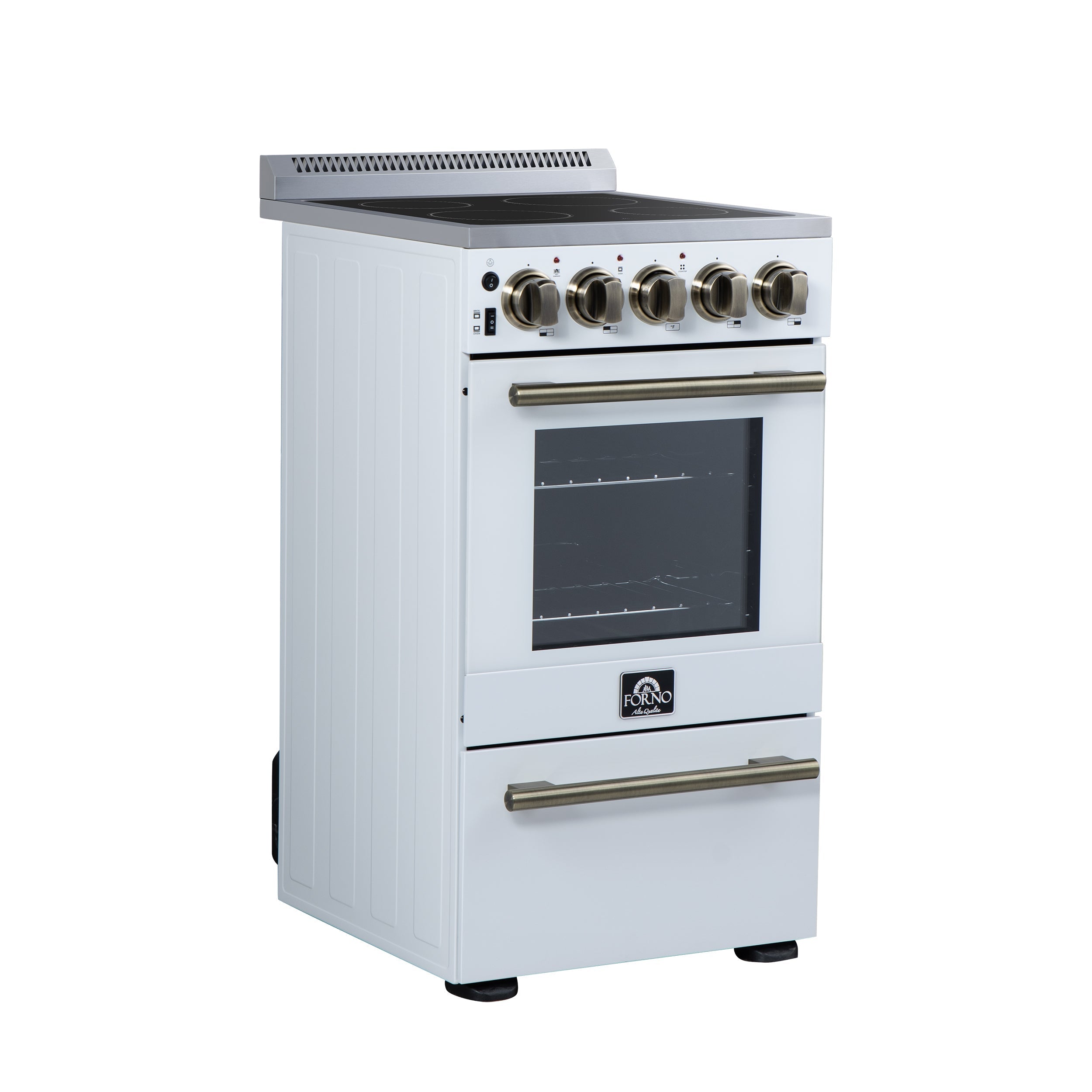 Forno Pallerno 20-Inch Freestanding Electric Range, 2.05 cu ft, 4 Radiant Elements, Storage Drawer, White with Antique Brass Accents (Model FFSEL6052-20WHT)