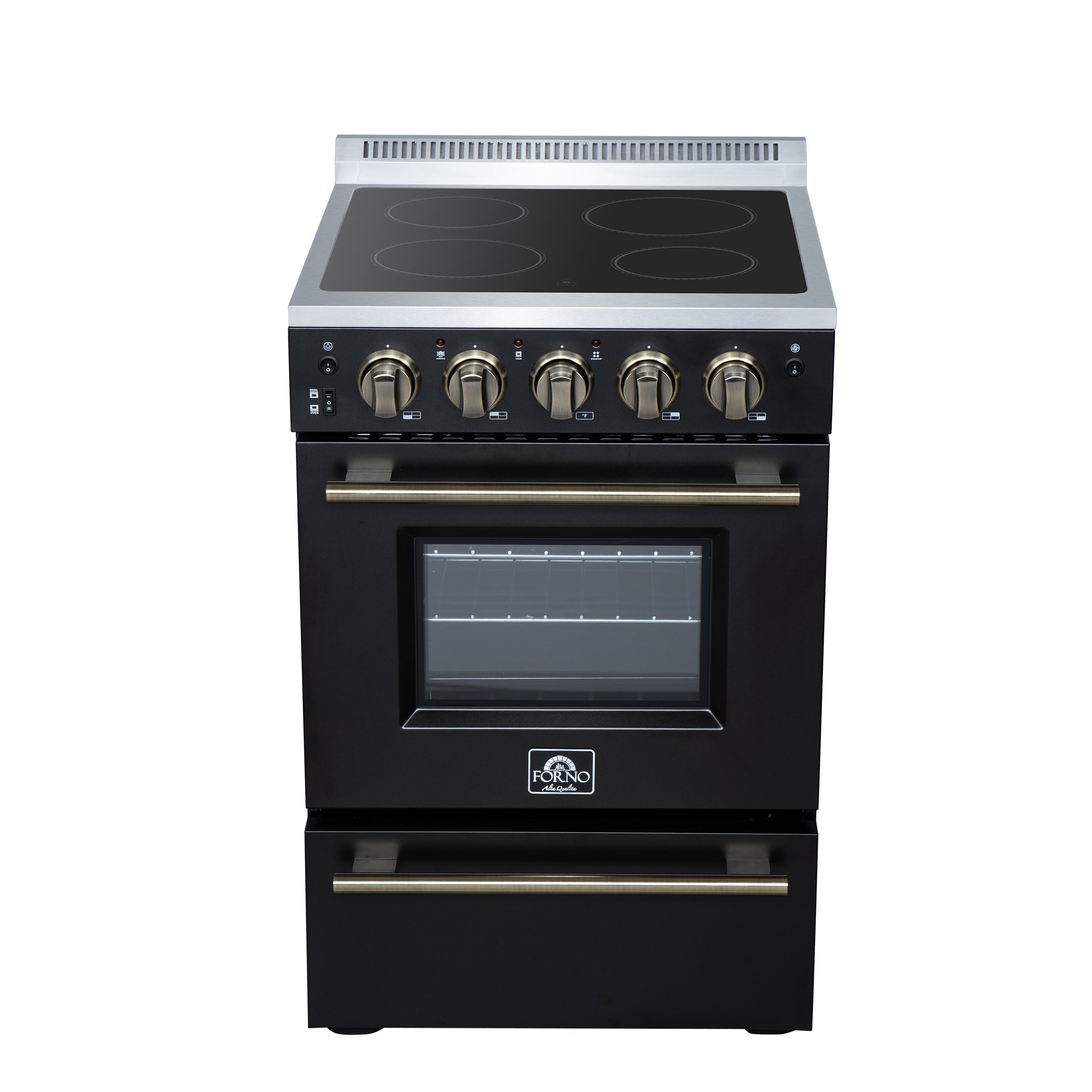 Forno Loiano 24 in. Freestanding Electric Range, 2.3 cu. ft., 4 Radiant Elements, Storage Drawer, Air Fryer Kit, Black with Antique Brass Accents (FFSEL6069-24BLK)