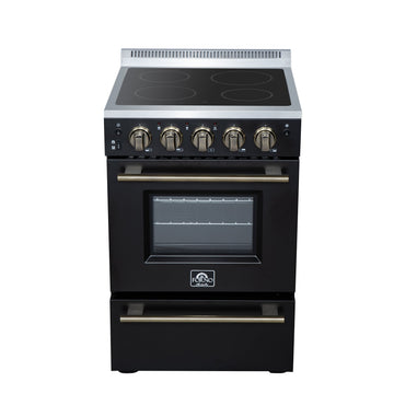 Forno Loiano 24 in. Freestanding Electric Range, 2.3 cu. ft., 4 Radiant Elements, Storage Drawer, Air Fryer Kit, Black with Antique Brass Accents (FFSEL6069-24BLK)