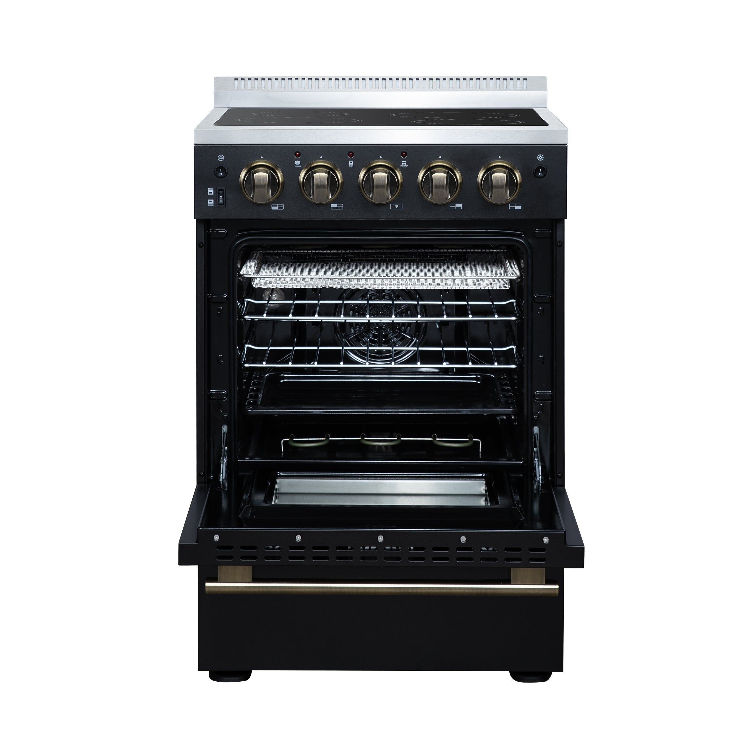 Forno Loiano 24 in. Freestanding Electric Range, 2.3 cu. ft., 4 Radiant Elements, Storage Drawer, Air Fryer Kit, Black with Antique Brass Accents (FFSEL6069-24BLK)