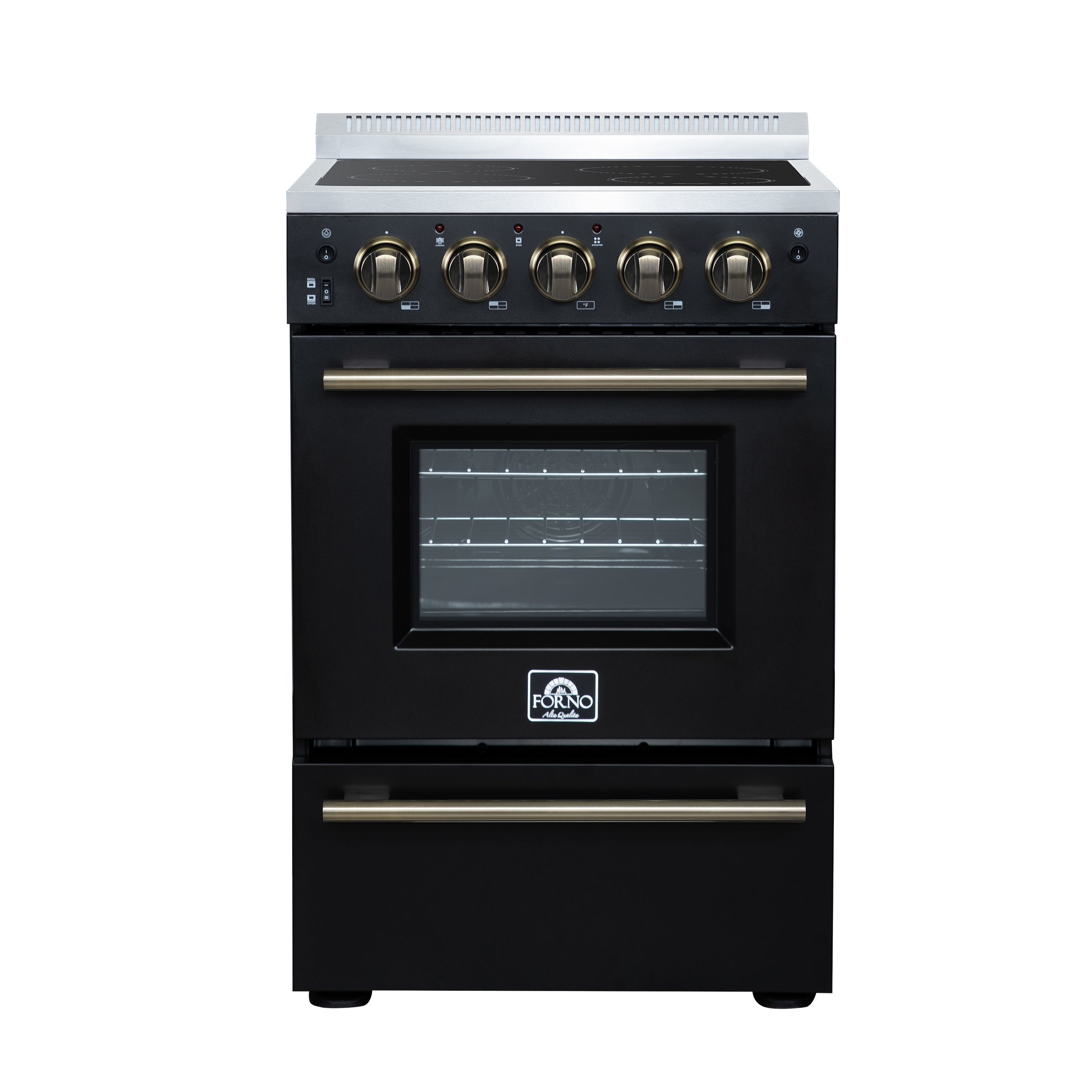 Forno Loiano 24 in. Freestanding Electric Range, 2.3 cu. ft., 4 Radiant Elements, Storage Drawer, Air Fryer Kit, Black with Antique Brass Accents (FFSEL6069-24BLK)
