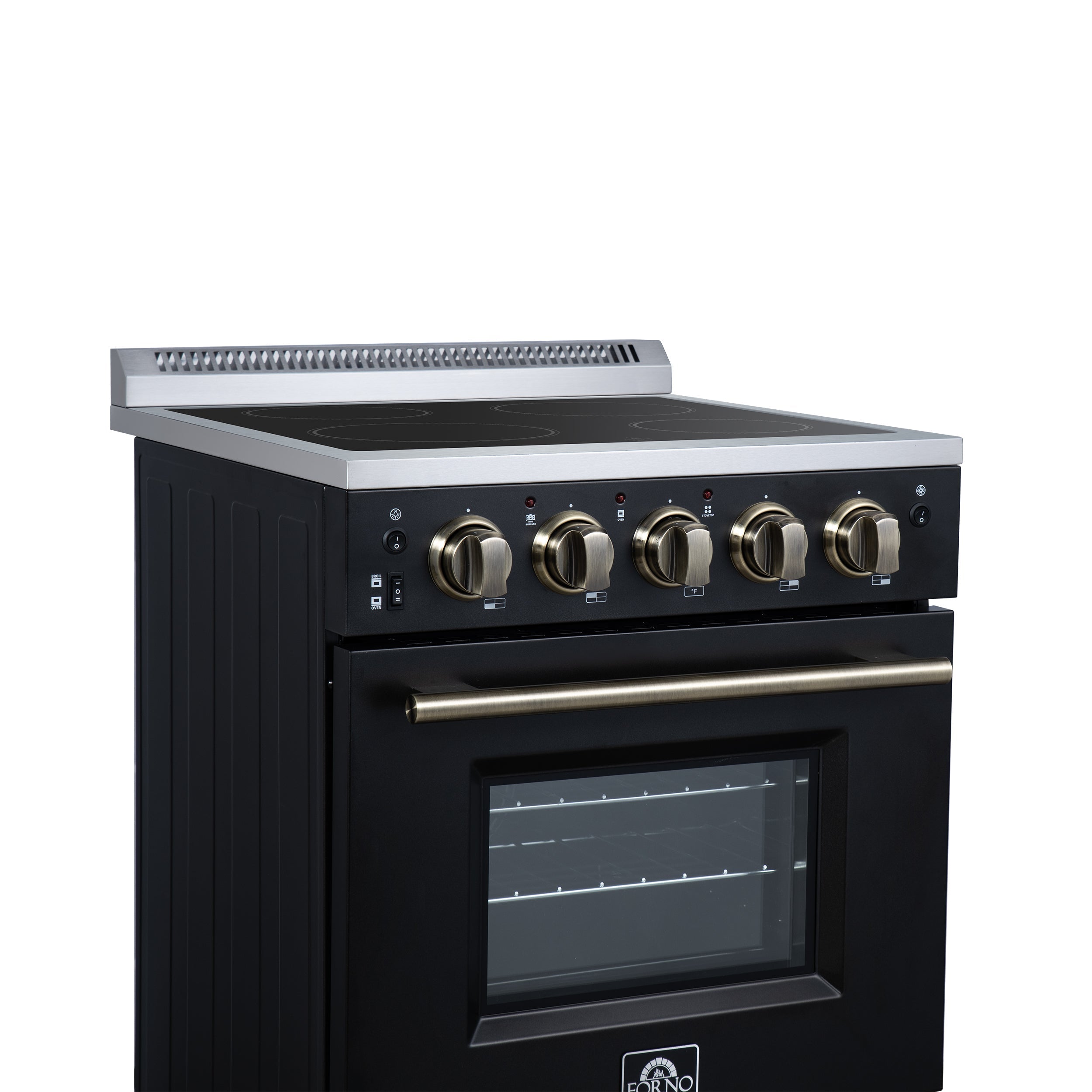 Forno Loiano 24 in. Freestanding Electric Range, 2.3 cu. ft., 4 Radiant Elements, Storage Drawer, Air Fryer Kit, Black with Antique Brass Accents (FFSEL6069-24BLK)