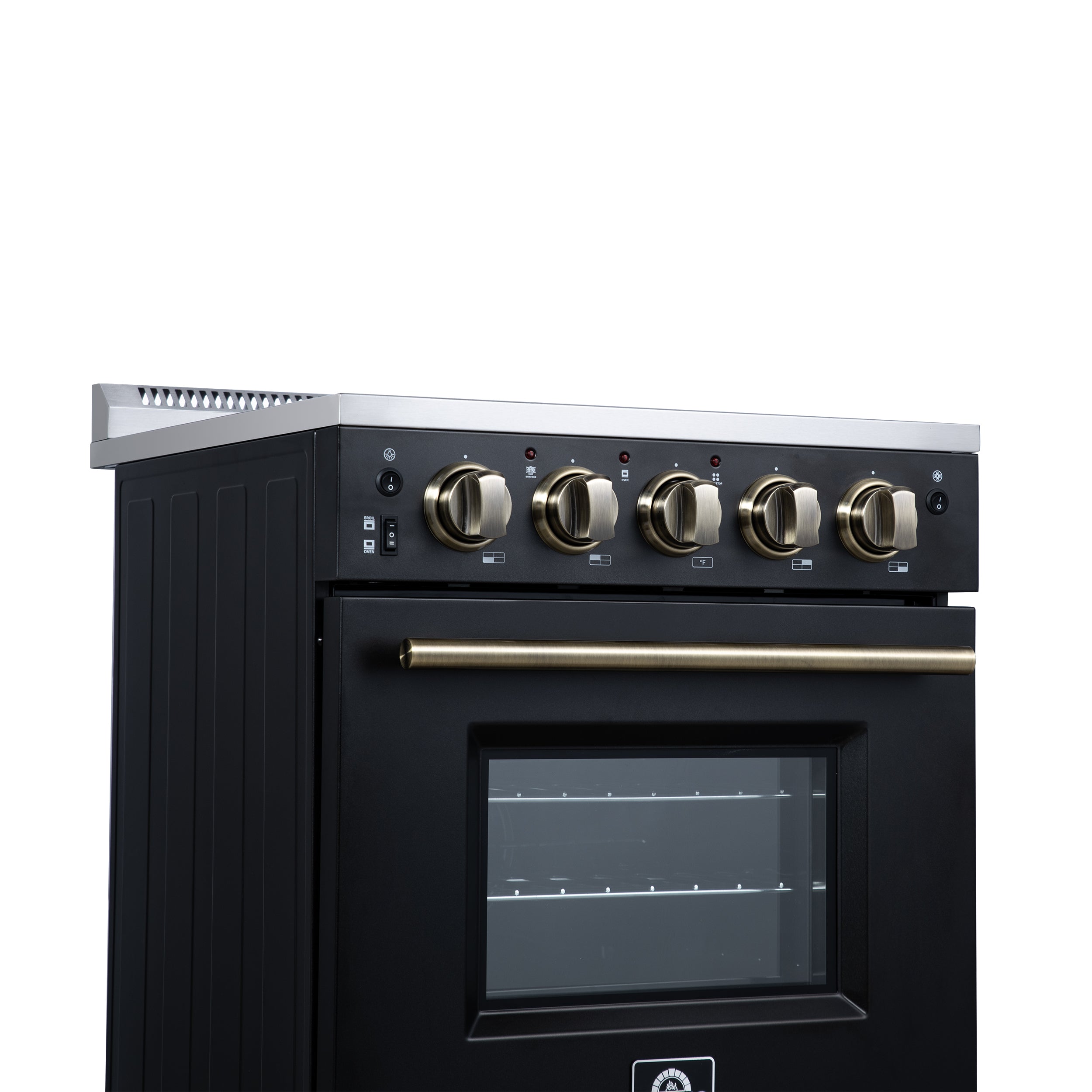Forno Loiano 24 in. Freestanding Electric Range, 2.3 cu. ft., 4 Radiant Elements, Storage Drawer, Air Fryer Kit, Black with Antique Brass Accents (FFSEL6069-24BLK)